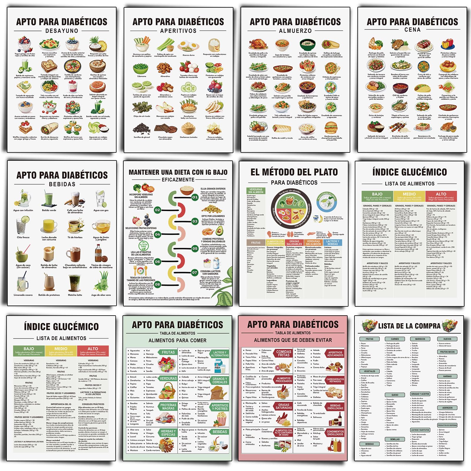 Sinload 12 Pcs Spanish Diabetes Food Charts Poster Blood Sugar Control