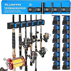 PLUSINNO V6 Suporte vertical para vara de pescar/vara, suporte extra grande e pesado para vara de pesca e carretel, suportes de vara de pesca para garagem, organizador de armazenamento de vara de pesca montado na parede com segurança
