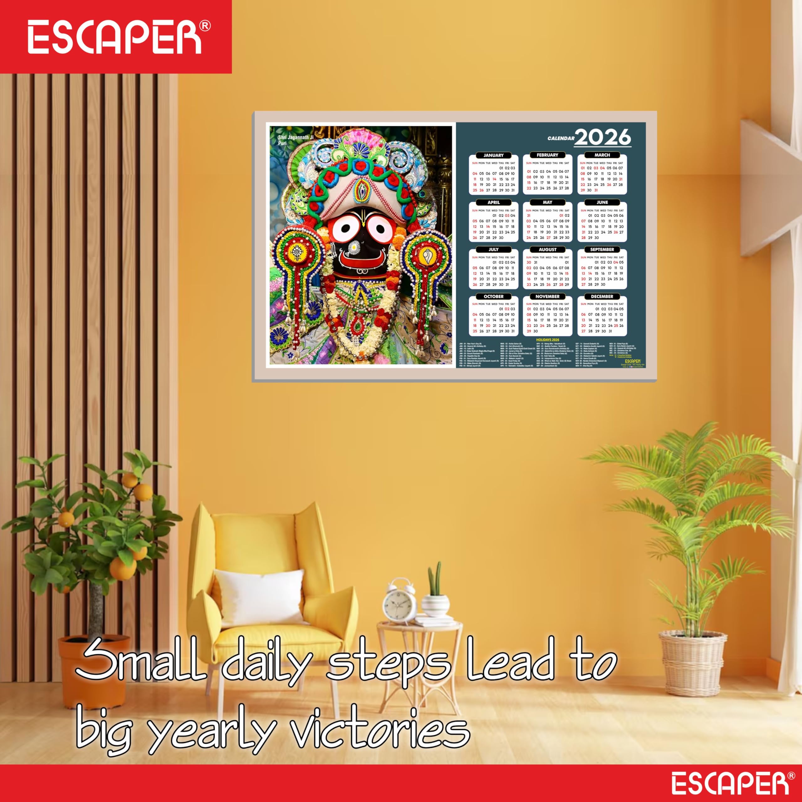 ESCAPER Jagannath Ji Wandkalender 2026 - 45 x 30 cm, Jagannath Tempel & Fotos, Hindu-Gott Religiöser Wandkalender für Zuhause, Büro & Pooja Zimmer