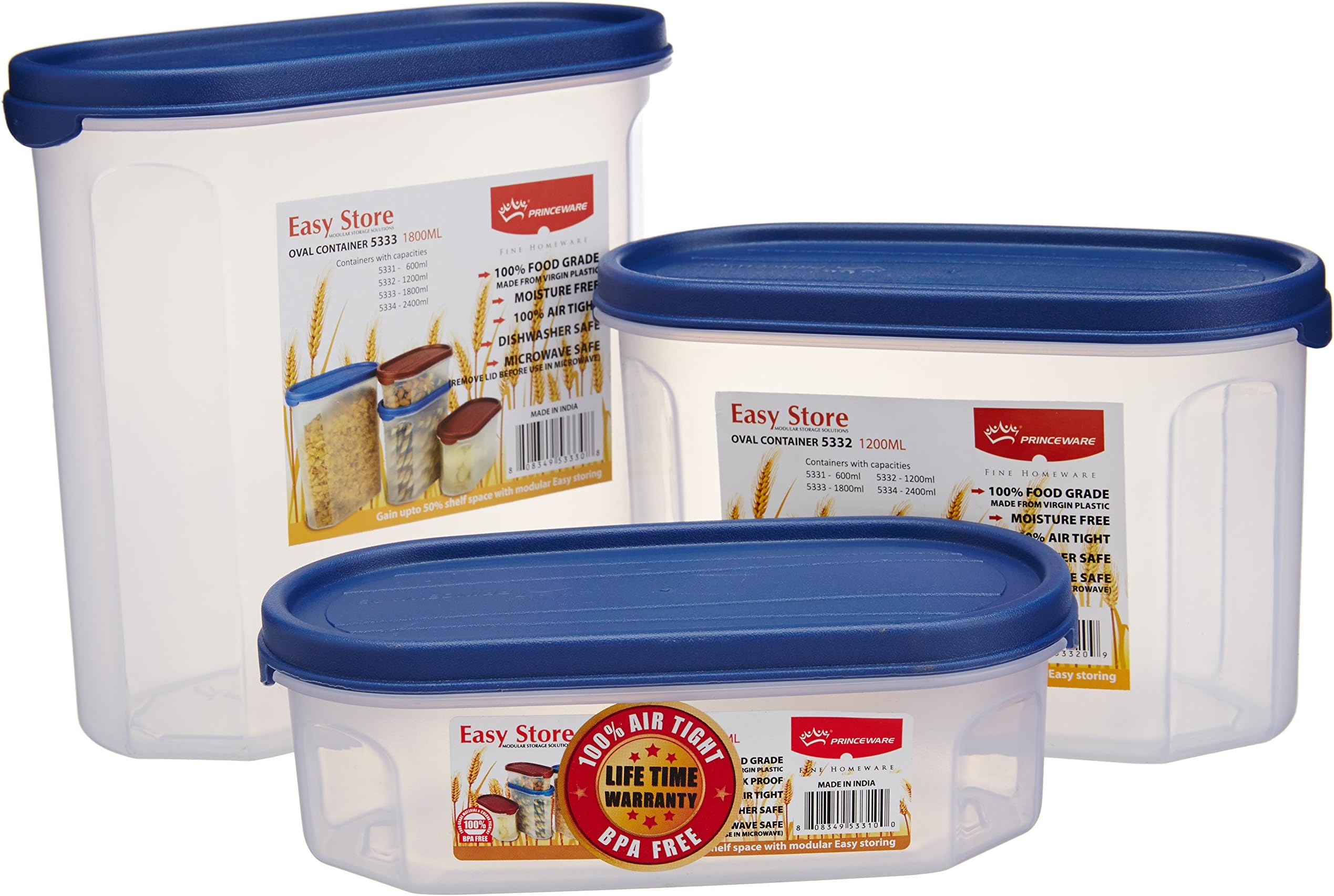 PRINCEWARE Plastic Easy Store Oval Package Container Set, 3 Pieces,(600ml,1200 ml,1800 ml) Blue