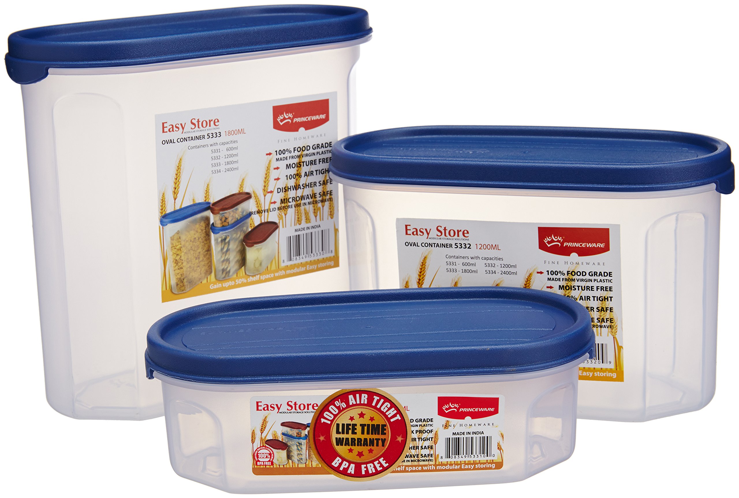 Princeware Plastic Easy Store Oval Package Container Set, 3 Pieces, Blue, Standard