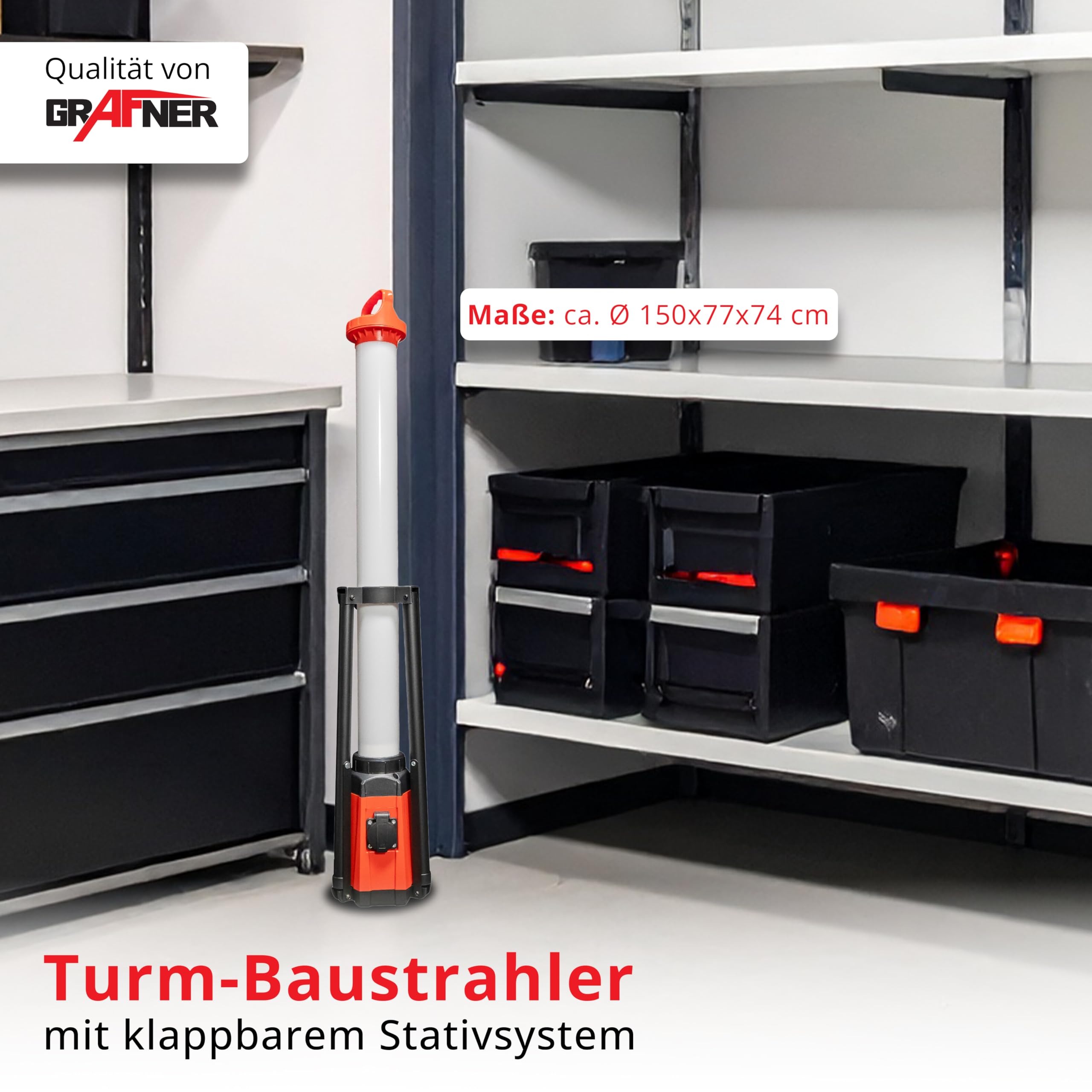 Grafner Profi LED Tower Baustrahler mit Steckdose und Stativ, 360° 7500 Lumen, 100 Watt, Höhe: 150 cm, IP44, 6500K Tageslichtweiß, Arbeitsleuchte Baustellenstrahler 360 Grad rundum Arbeitslampe Turm