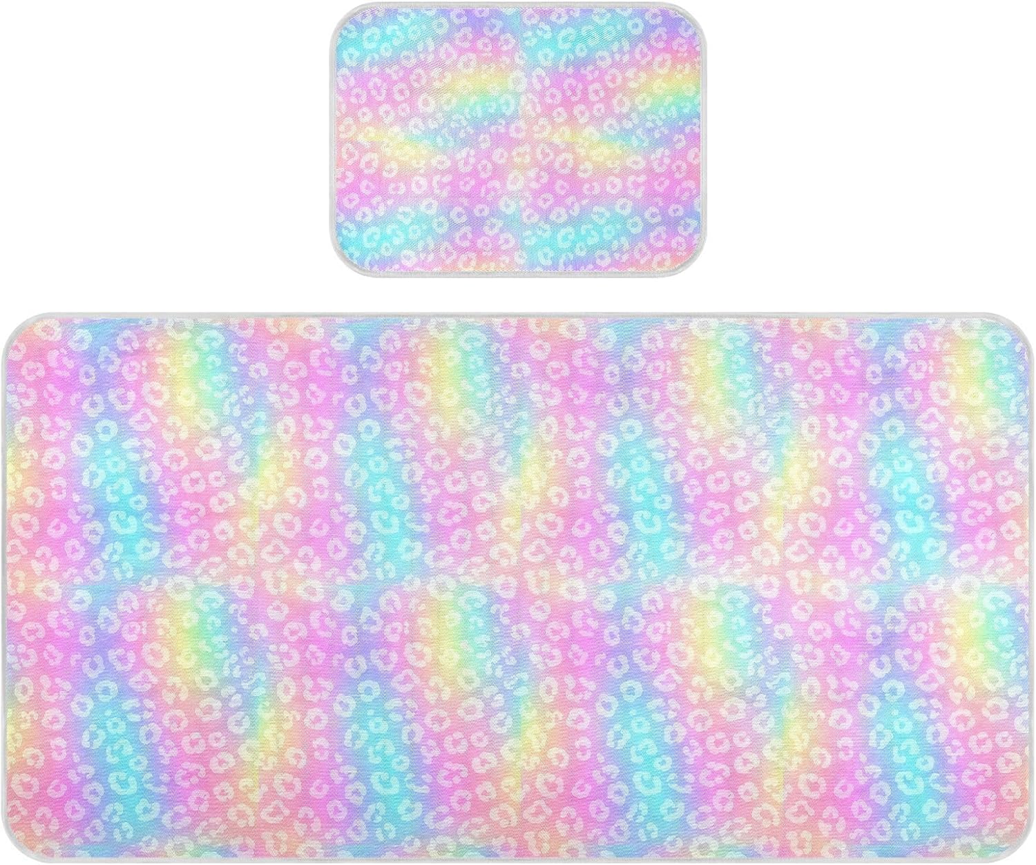 Baby Cooling Mat Rainbow Leopard Print Ice Silk Breathable Mesh Summer Crib Mattress Pad with Pillowcase, Soft Cooling Sleeping Surface for Infant & Toddler, 52"x28"