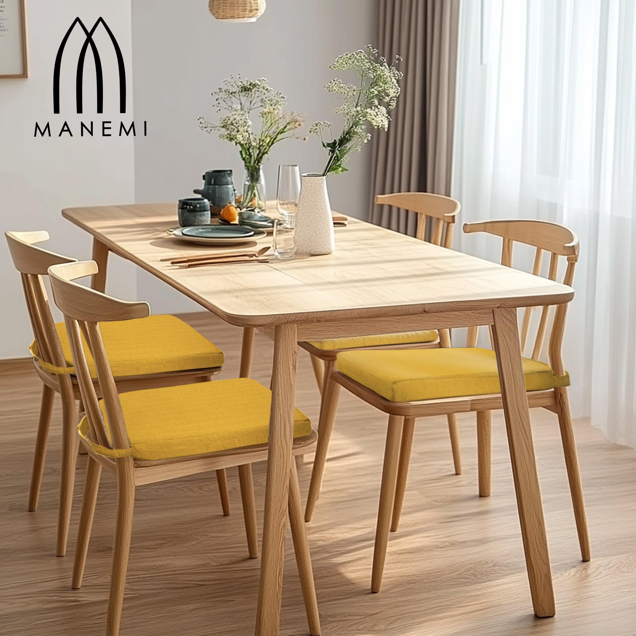 Pack 4 Cojines para Silla 42X40x36x4cm - Cojín Decorativo de Lino con Textura de Bambú para Silla, Sofá o Comedor - Juego de Cojines de Asiento Estilo Rústico y Transpirable con Cintas de Sujeción