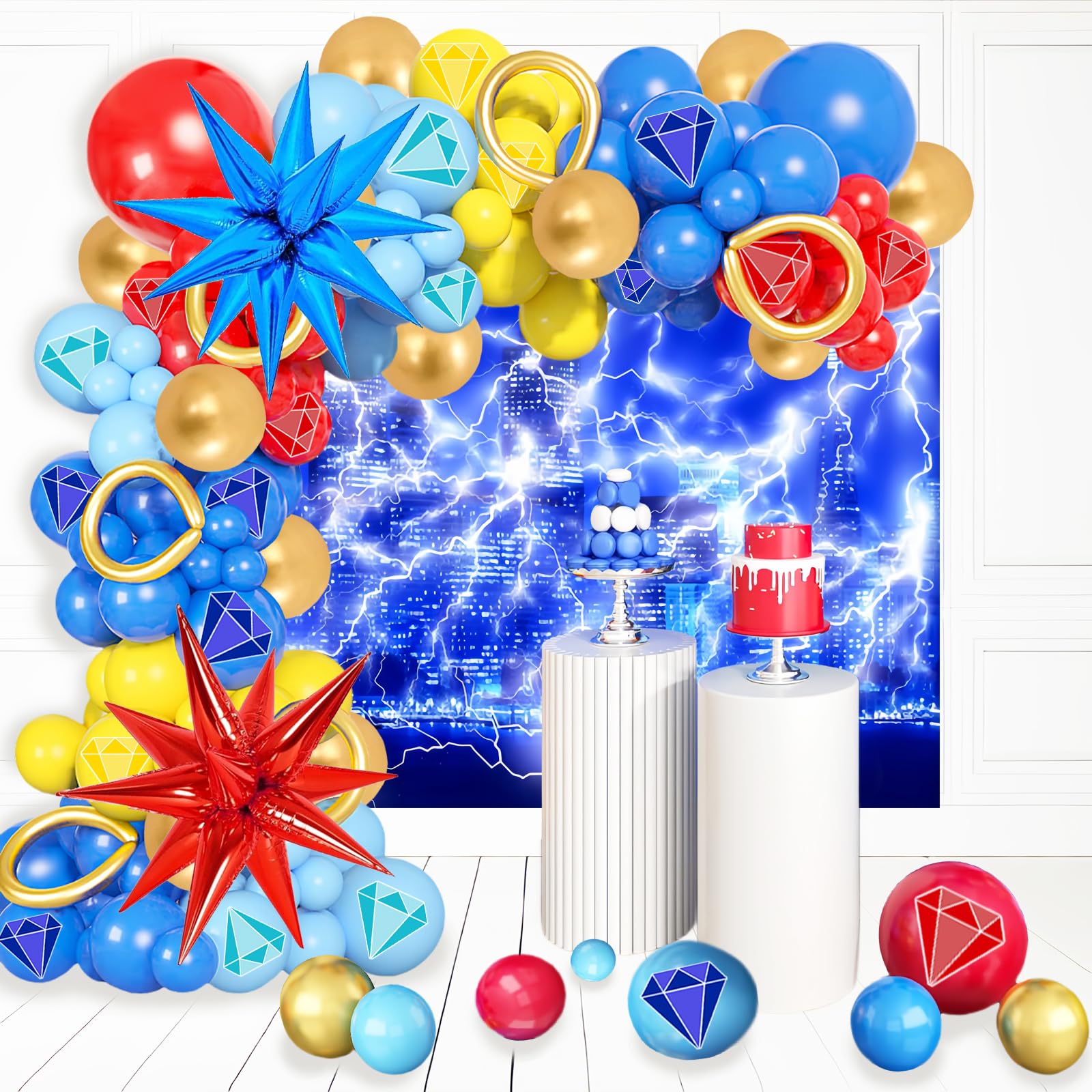 121 Pcs Red Blue Gold balloon garland Arch Kit, for Cartoon Blue Hedgeho Themed Birthday Party Decorations Boys Girls Gatherings Party Supplies