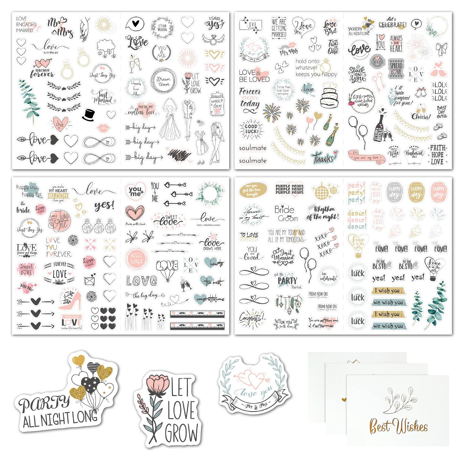 230 pegatinas de boda vintage con 10 tarjetas de felicitación de boda, pegatinas para libro de visitas de boda, pegatinas decorativas para álbum de fotos, álbumes de recortes, tarjetas de diario,