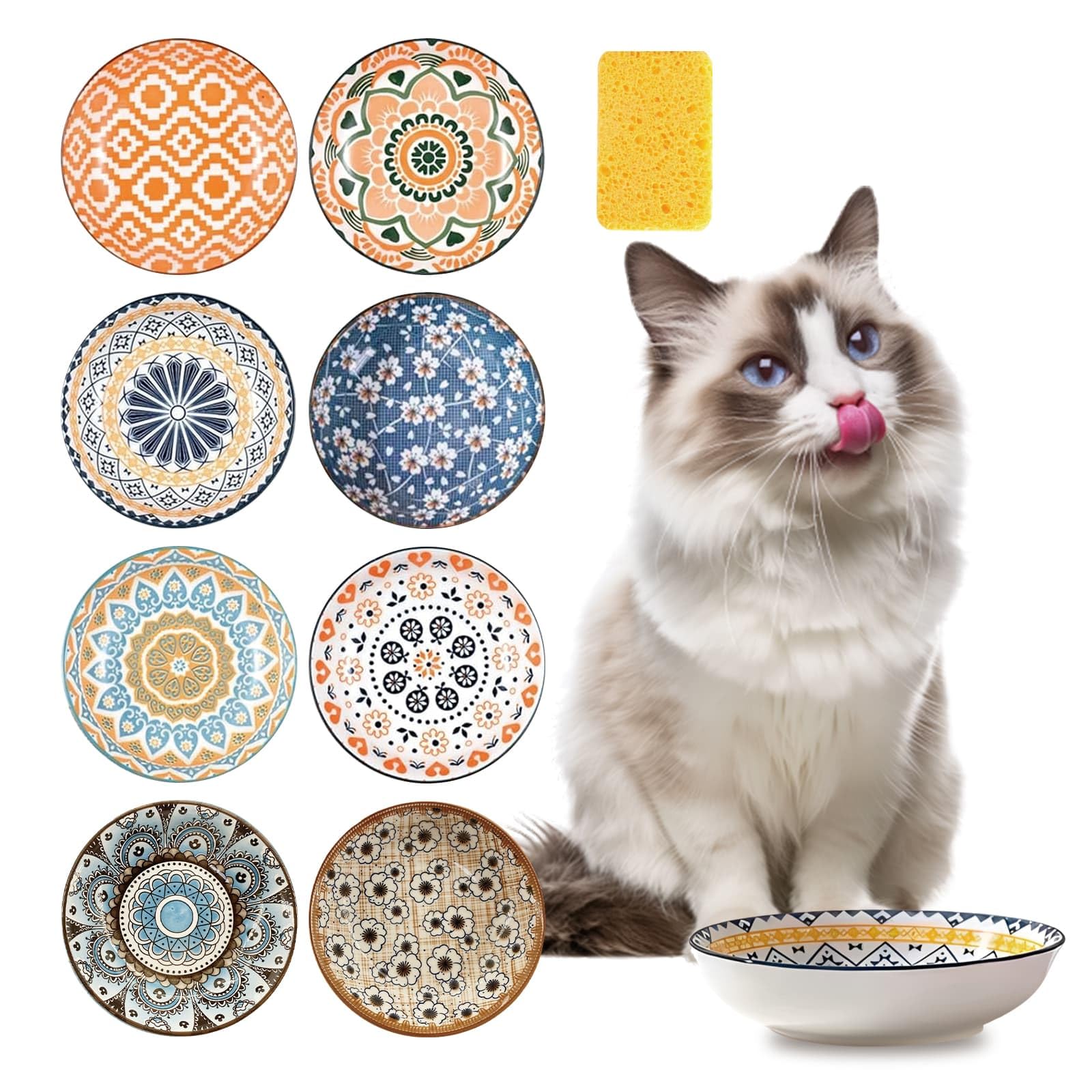 DYUEE 8 PCS Ceramic Cat Food Bowl Set, 5.5 Inches Ceramic Cat Dish with Sponge Brush, Wide Shallow Cat Food Bowls Boho Style Kitten Feeding Dishes, Microwave and Dishwasher Safe Cat Bowls,Cat Gift