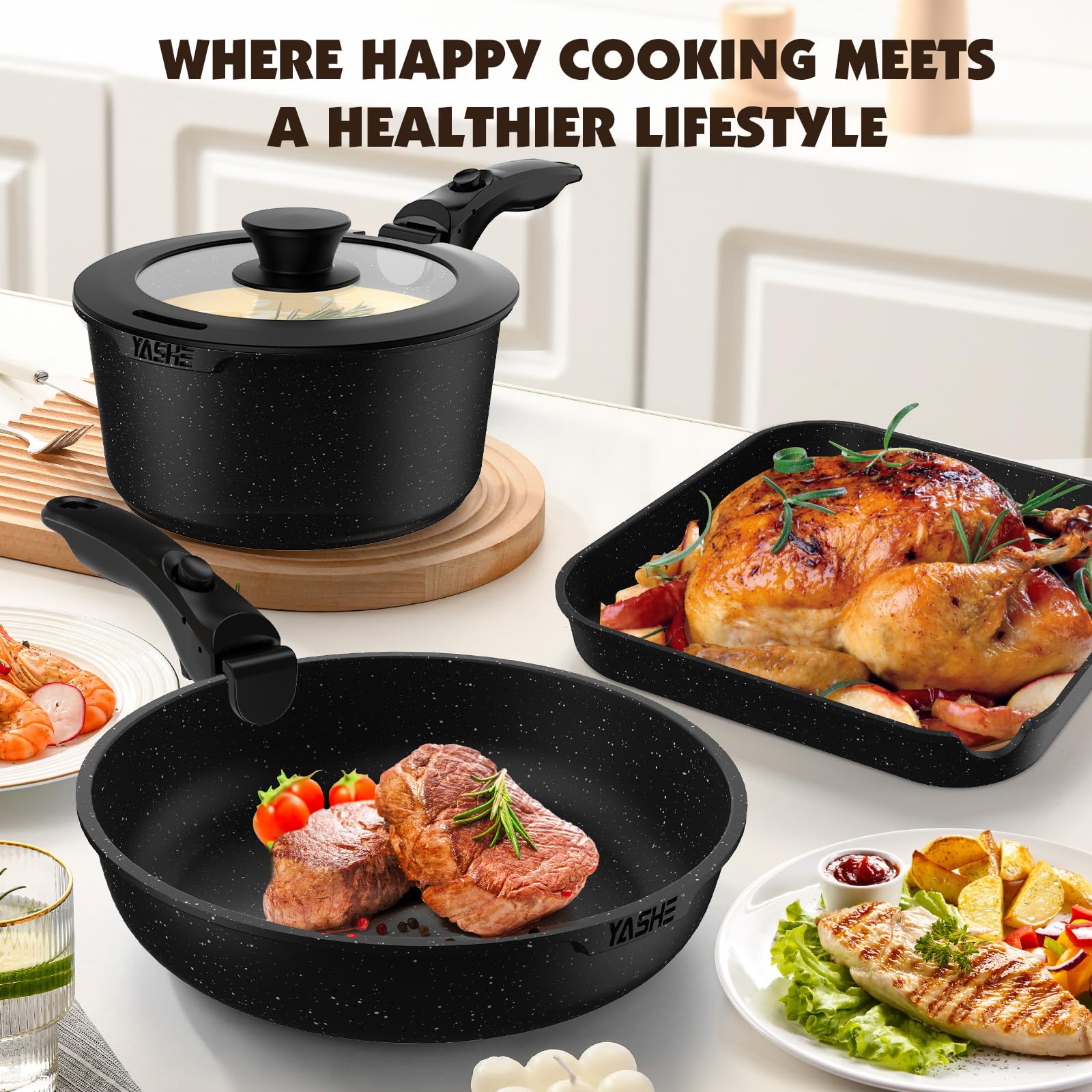 YASHE Batería de Cocina 21 Piezas, Antiadherente, con Mangos Desmontables y Tapas de Vidrio, Compatible con Inducción, Horno y Lavavajillas, Apilable, Gris