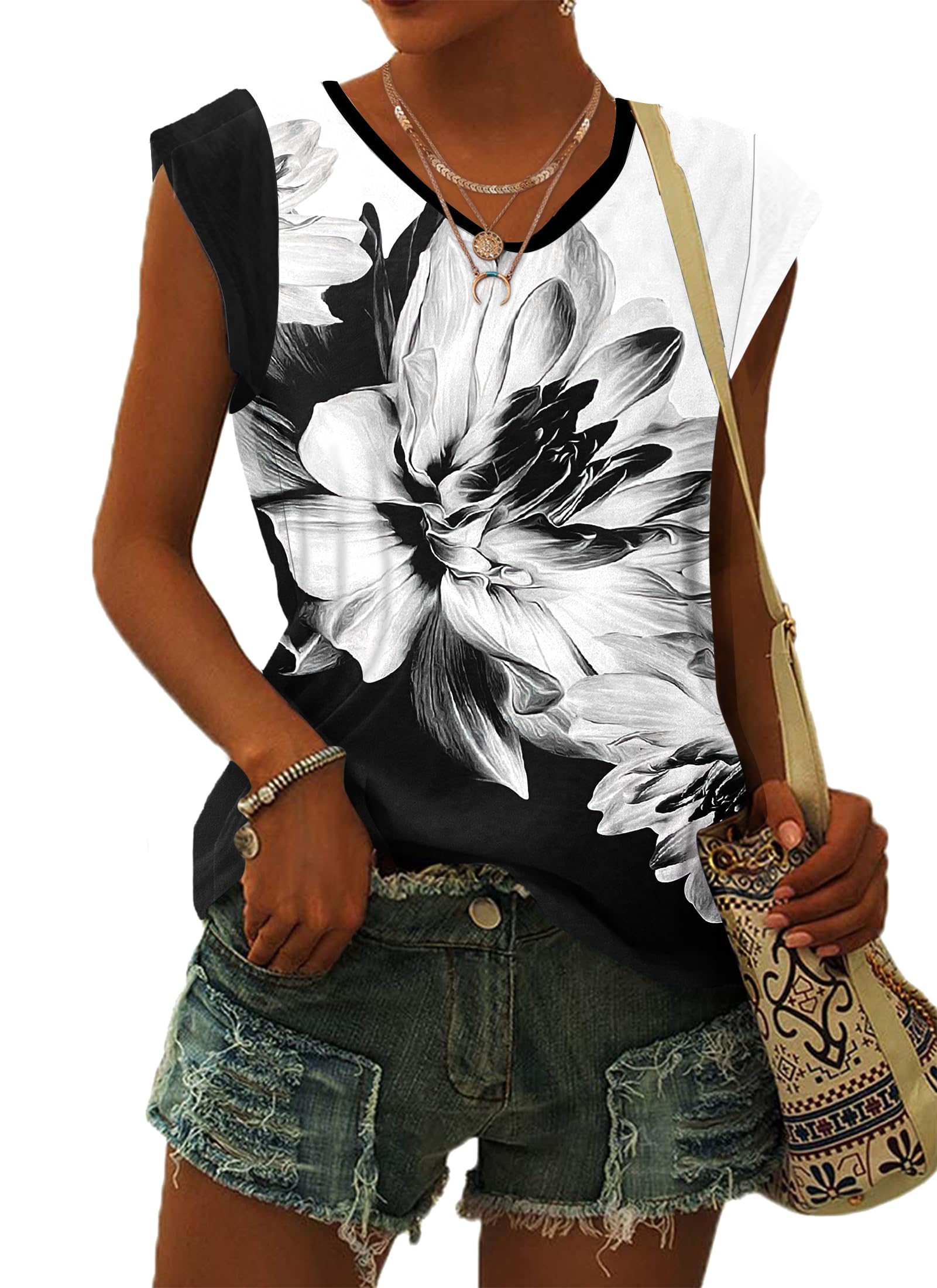 WNEEDU Womens Summer Tops Cap Short Sleeve T-Shirt Lightweight V Neck Shirts Casual Loose Fit Tank Tops 2025 New