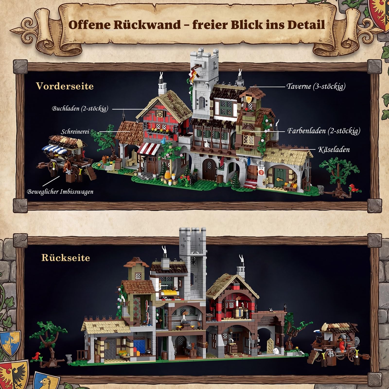 Klemmbausteine Mittelalter Marktplatz - 3021 Teile Mittelalterliche Dorfstraße Modular Buildings, Ritterburg Architektur Bausteine Set für Erwachsene Kompatibel mit Barweer BWR006