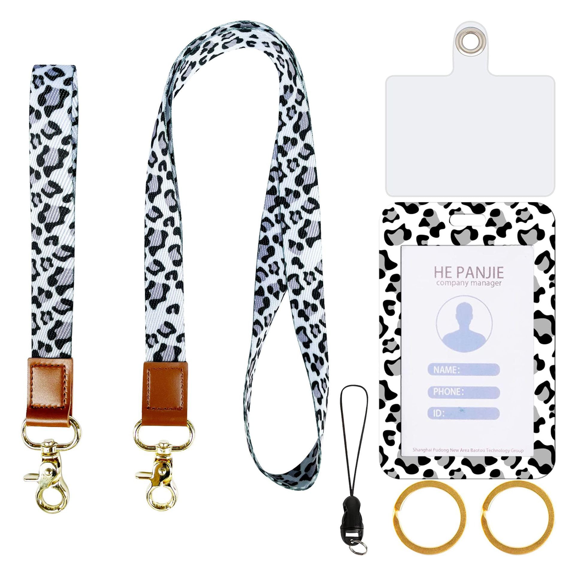 2 Set Lanyard for ID Badge and Keys, Thickened Polyester Webbing Leopard Print Cow Print Floral Print Card Sleeve PVC Transparent Phone Pad Hanging Rope(2 Black Grey Leopard Patterns)