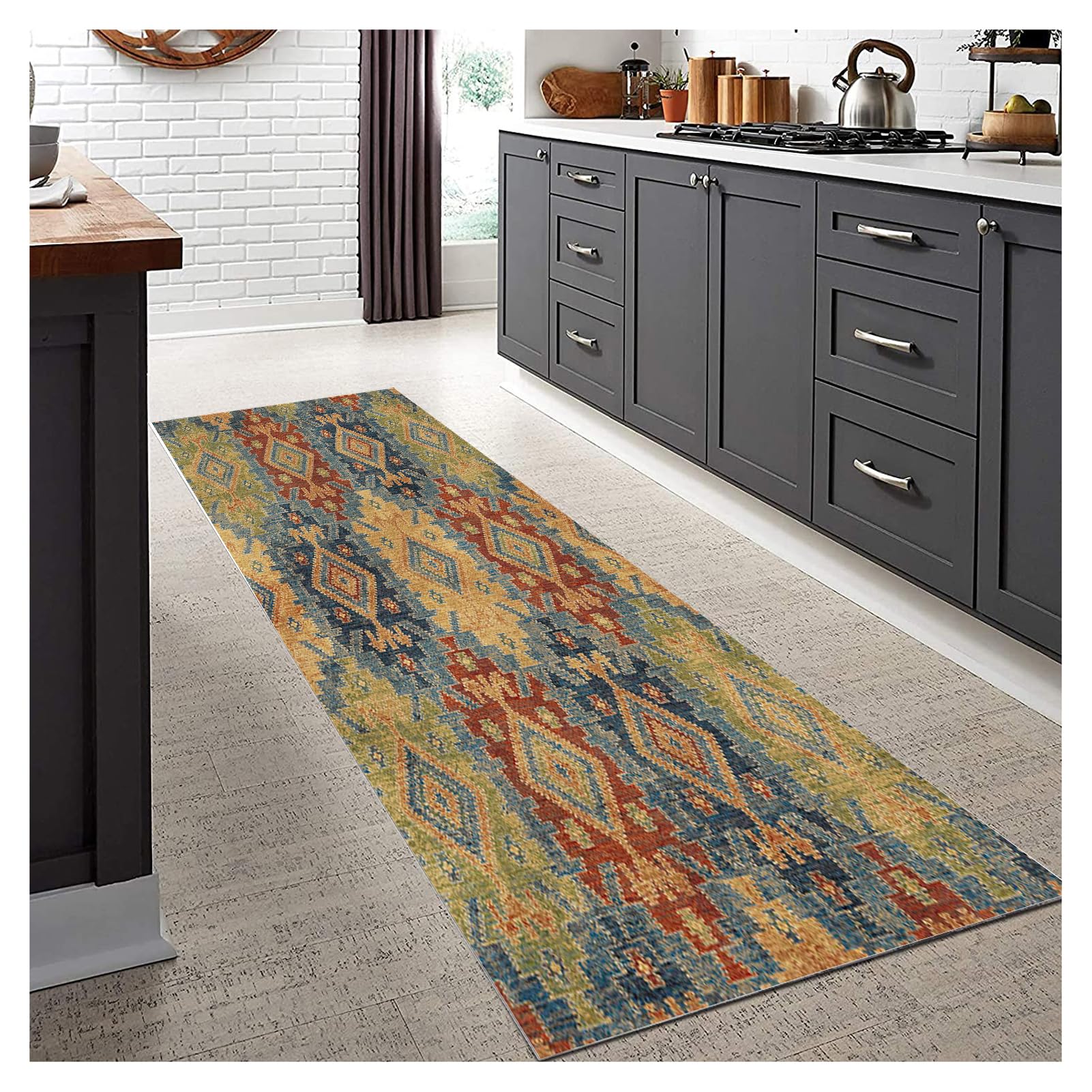 Tapis de Passage Long Personnalisable 90x300cm Marron - Tapis Cuisine Lavable Antidérapant Style Retro, Motifs Médaillon pour Couloir/Chambre, Microfibre Absorbante au Mètre Modulable