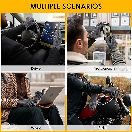 Miniatura 6 de Dsane Guantes de cuero de oveja genuina de invierno para hombres, guantes de motocicleta de conducción con forro de cachemira para pantalla táctil