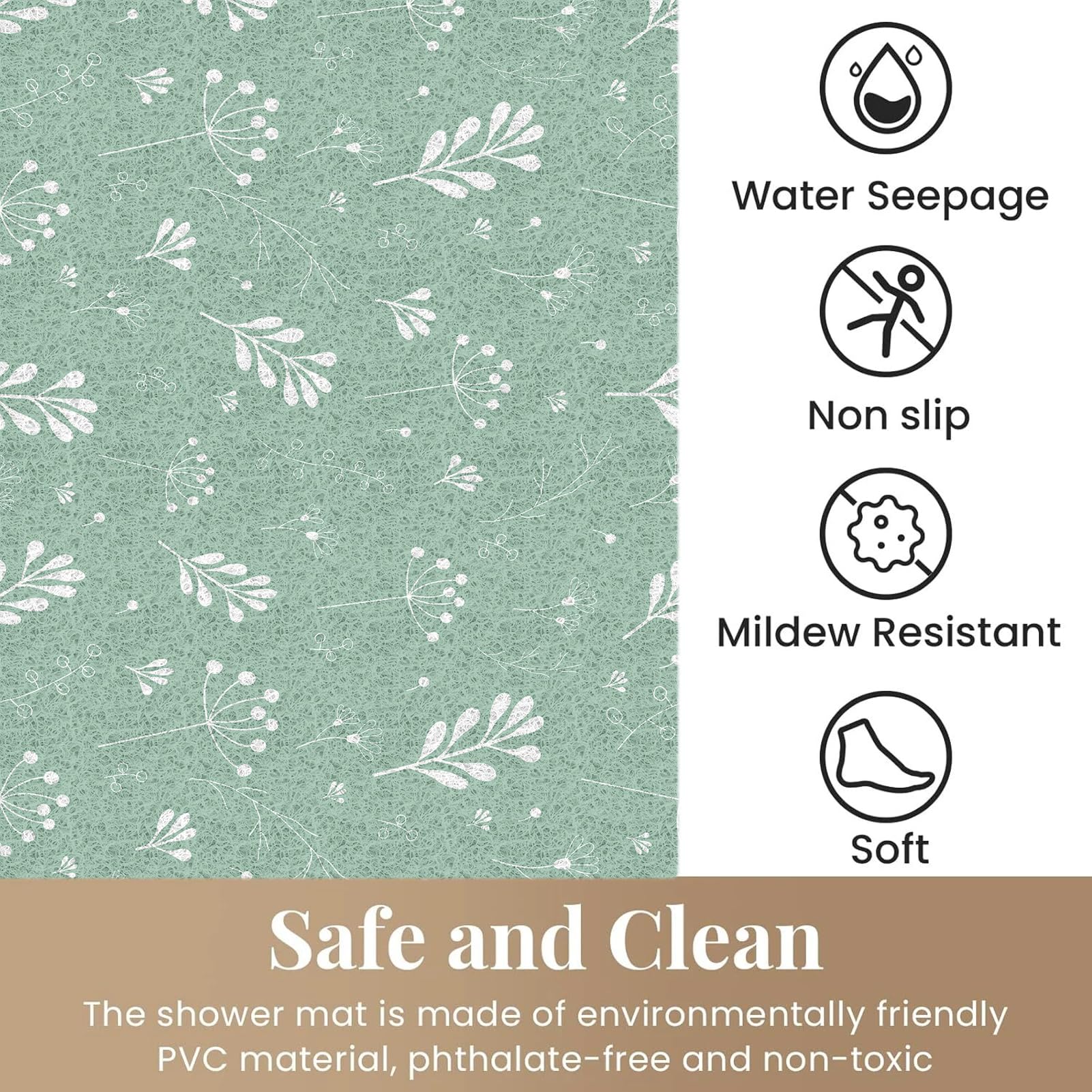Tapis de bain antidérapant extra long pour l'intérieur, en luffa en PVC souple avec drainage, séchage rapide pour zone humide, sans ventouse, vert et blanc, 100 x 100 cm