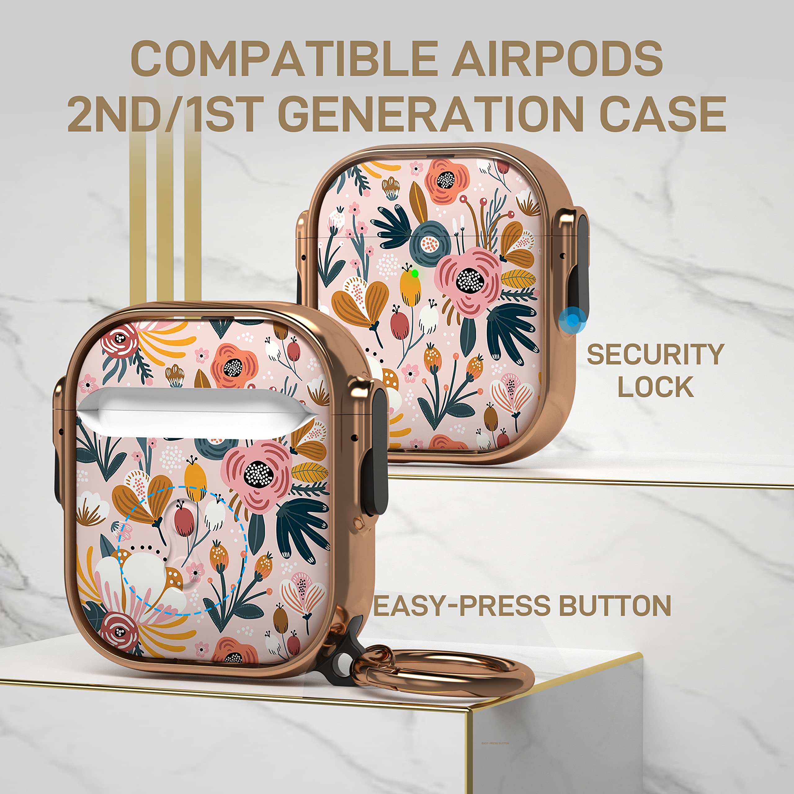 Maxjoy for AirPods Case with Lock, Flower AirPod Case Lock Hard Protective Cute AirPods 2 Cover for Women Men with Keychain for AirPod 2nd 1st Generation Cover 2&1, Floral