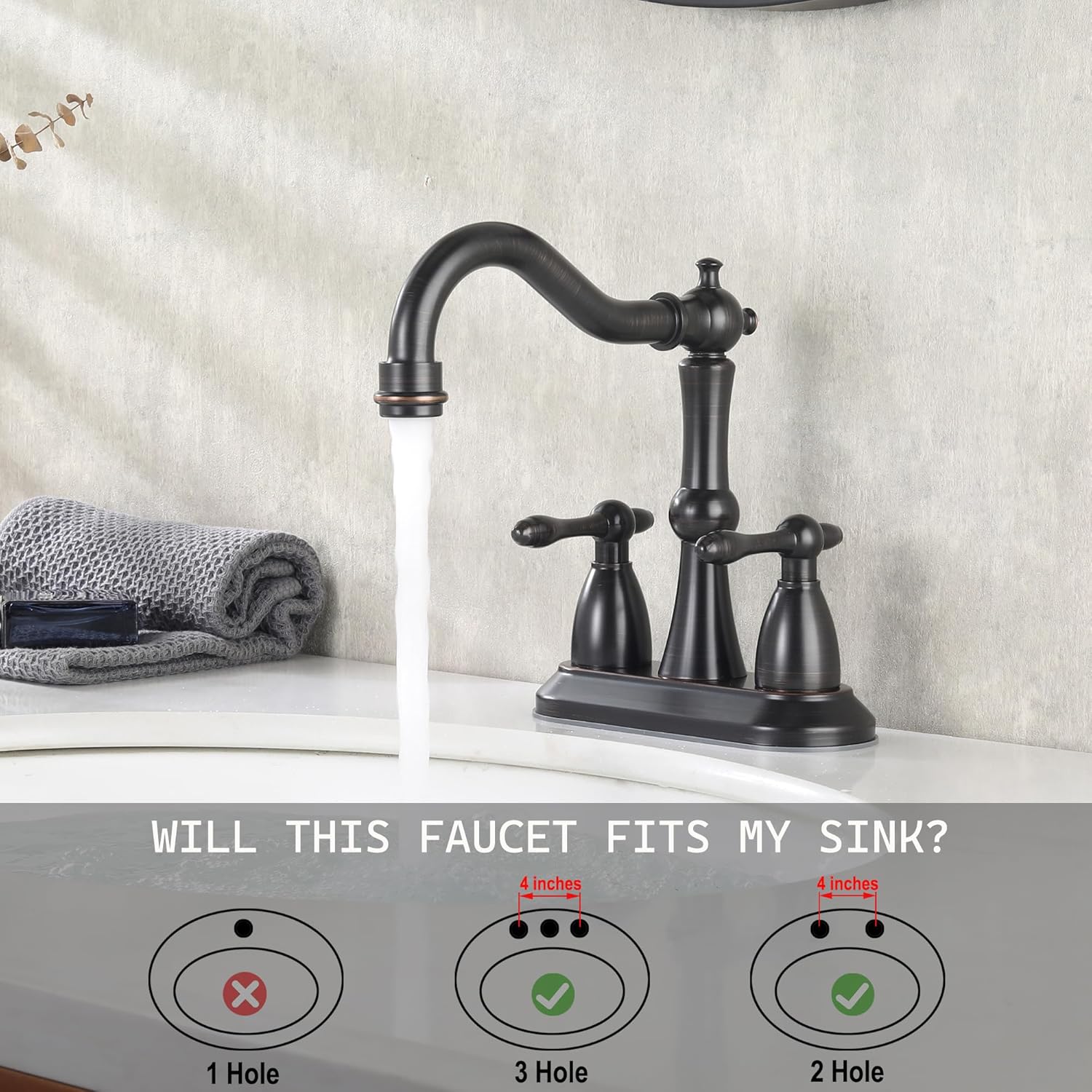 Oil Rubbed Bronze Antique Bathroom Faucet 2 Hole, Stainless Steel Centerset 4 inch Bathroom Faucet 2 Handle with Drain and Supply Hose, Brushed Bronze Faucet for Bathroom Sink