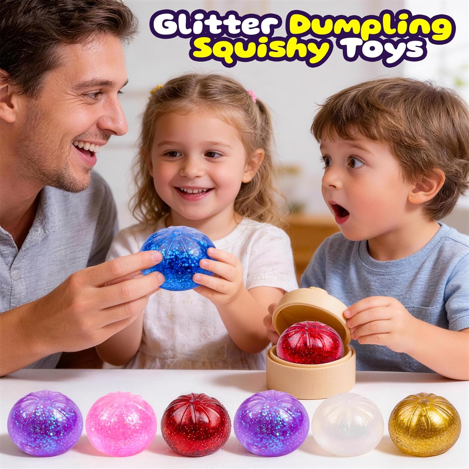6 Pack Dumpling Squishy Mystery Box, 6 Color Glitter Dumpling Squishy Toys Pack, Dumplings Squeeze Fidget Toys, Squishies for Kids Party Favors Goodie Bag Stuffers Classroom Prizes