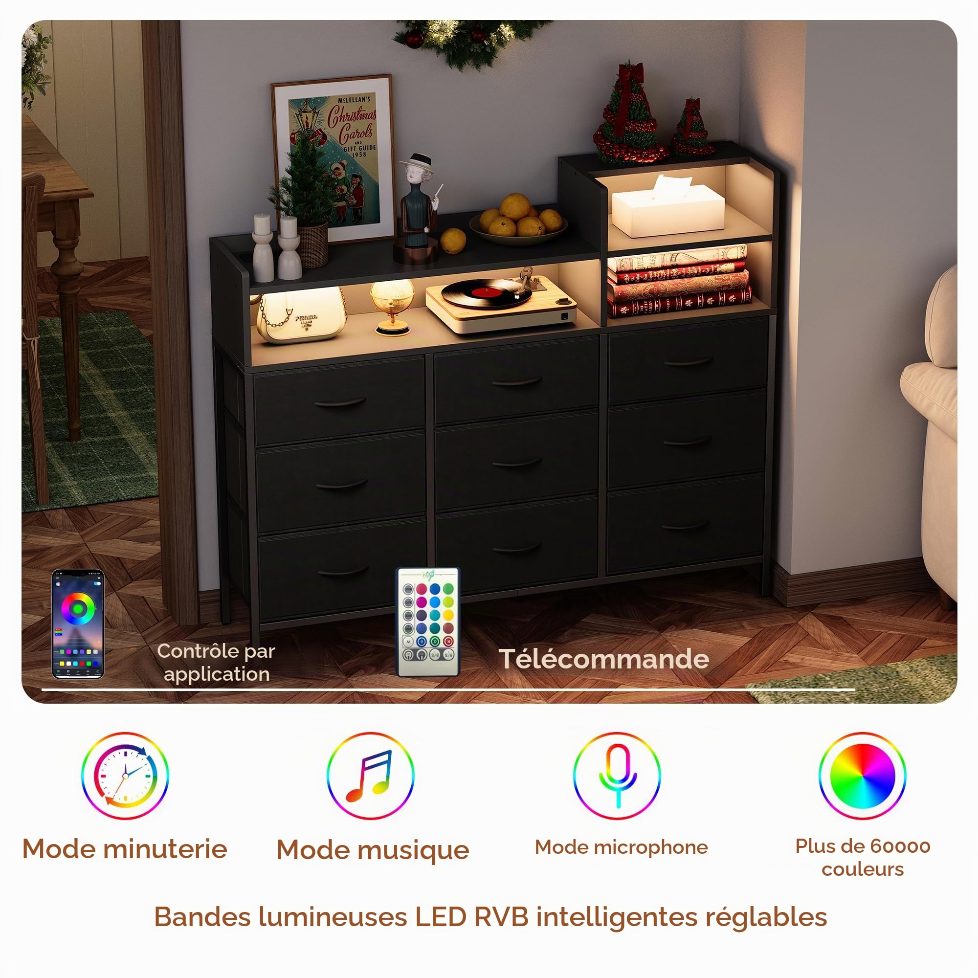IRONCK Commode de Rangement Moderne avec lumière LED et Station de Charge, 9 tiroirs en Tissu et 3 étagères Ouvertes en Bois, pour Chambre à Coucher, Salon, Couloir, Placard (Noir)