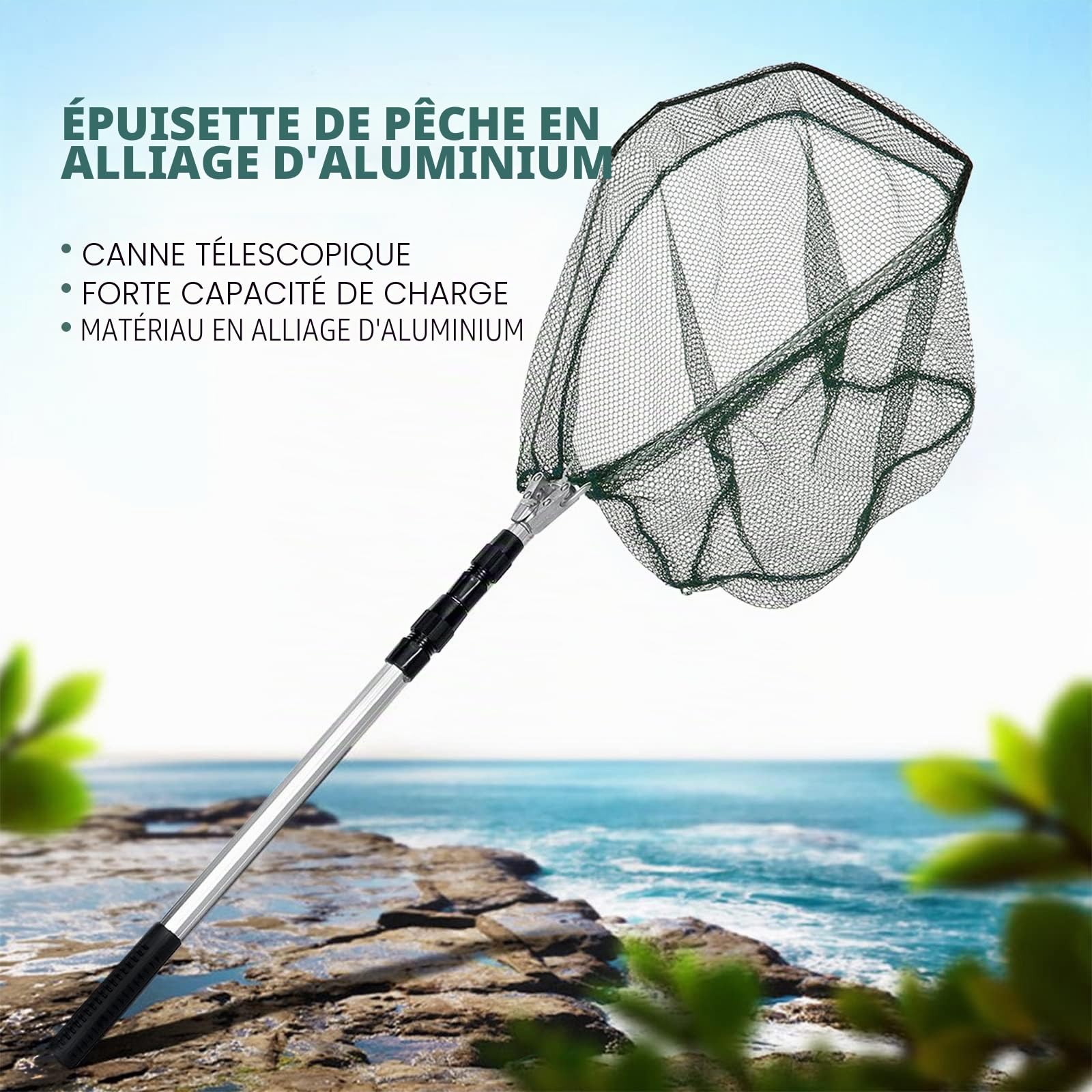 KK'S GLAMS® Épuisette de pêche télescopique – Pliable, extensible, poignée en alliage d'aluminium de 1,5 m, légère et portable pour attraper les oiseaux et les poissons