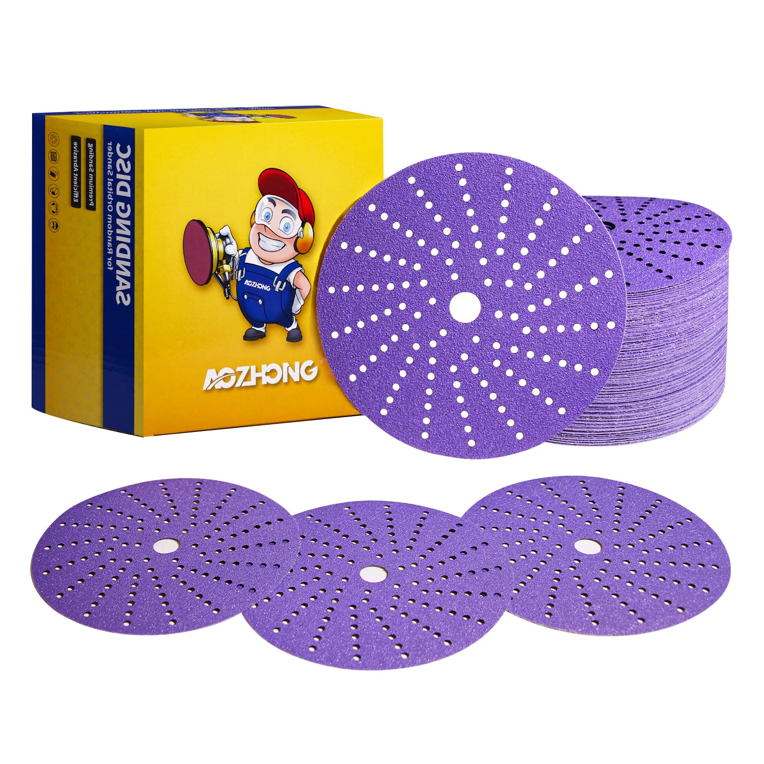 AOZHONG 320 Grits, 6 In, 50 Pcs Ceramic Multi-hole Sanding Disc, Hook and Loop, Premium Grain for Fast Cutting, Film Back for Long Lasting, Premium