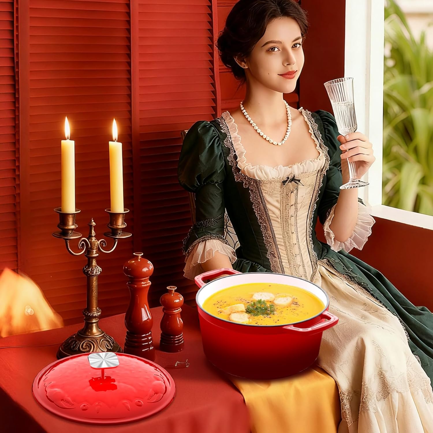 Enameled Cast Iron Dutch Oven - 5 Quart, Exclusive Designed Crab Lid, Oversized Knob, for Bread Baking Braiser Cooking - Red