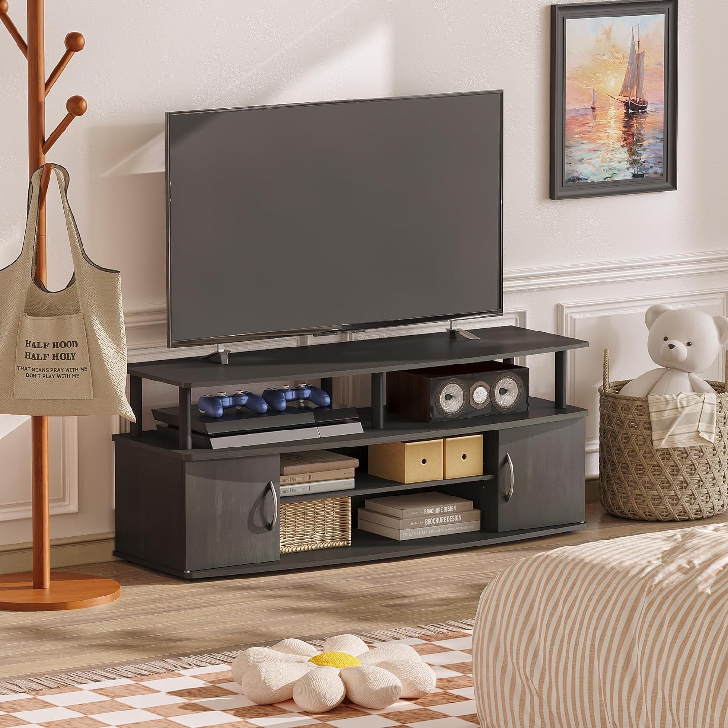 50 Inch TV Stand with Storage, Black Entertainment Center with Doors for TV Up to 50 Inch, Media Center for Bedroom, Living Room, Black