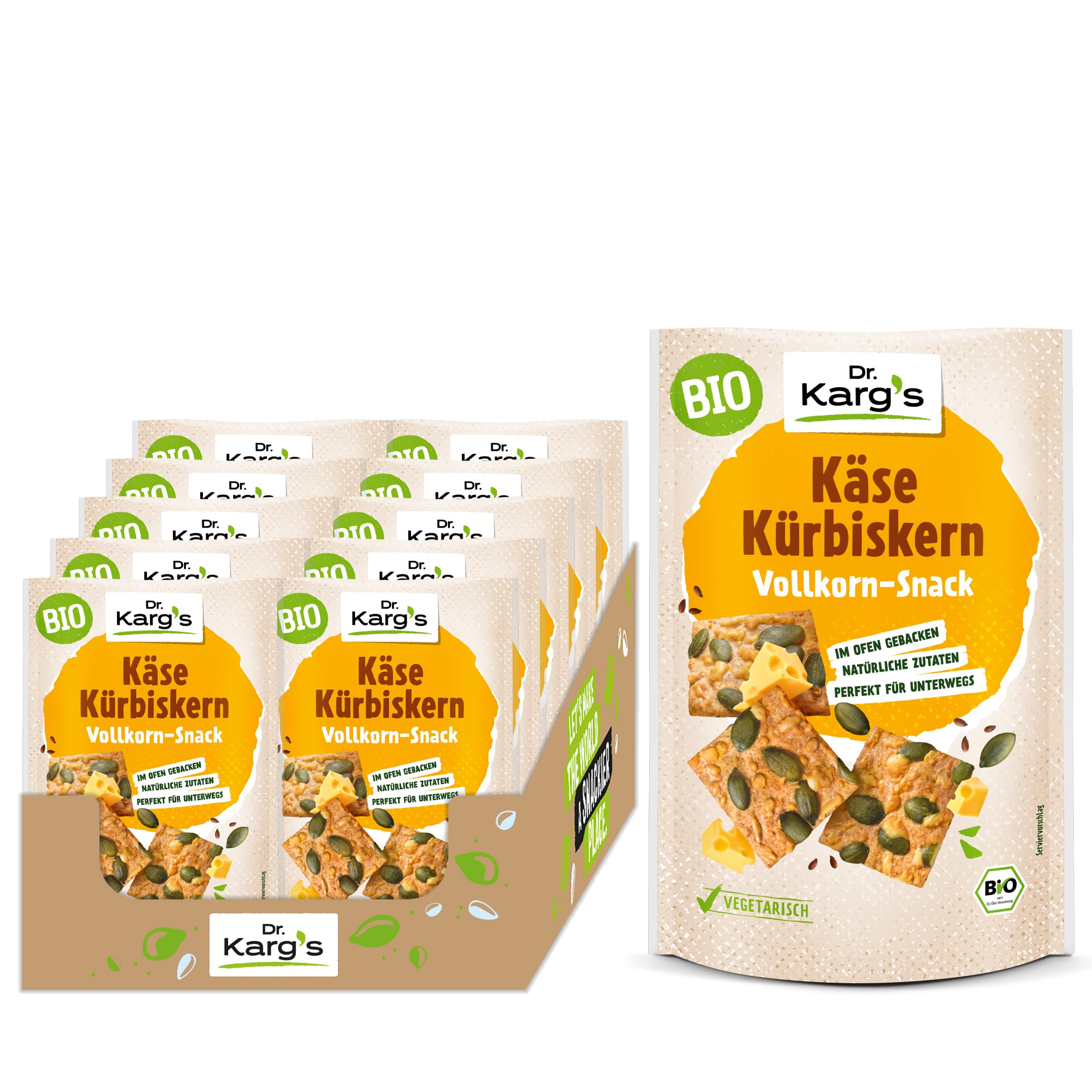 Dr. Karg’s BIO Vollkorn-Snack Käse Kürbiskern - knusprig, vegetarisch, Snack mit Emmentaler & Kürbiskerne, 100% Vollkornmehl & ohne Zusatzstoffe, 10x110g