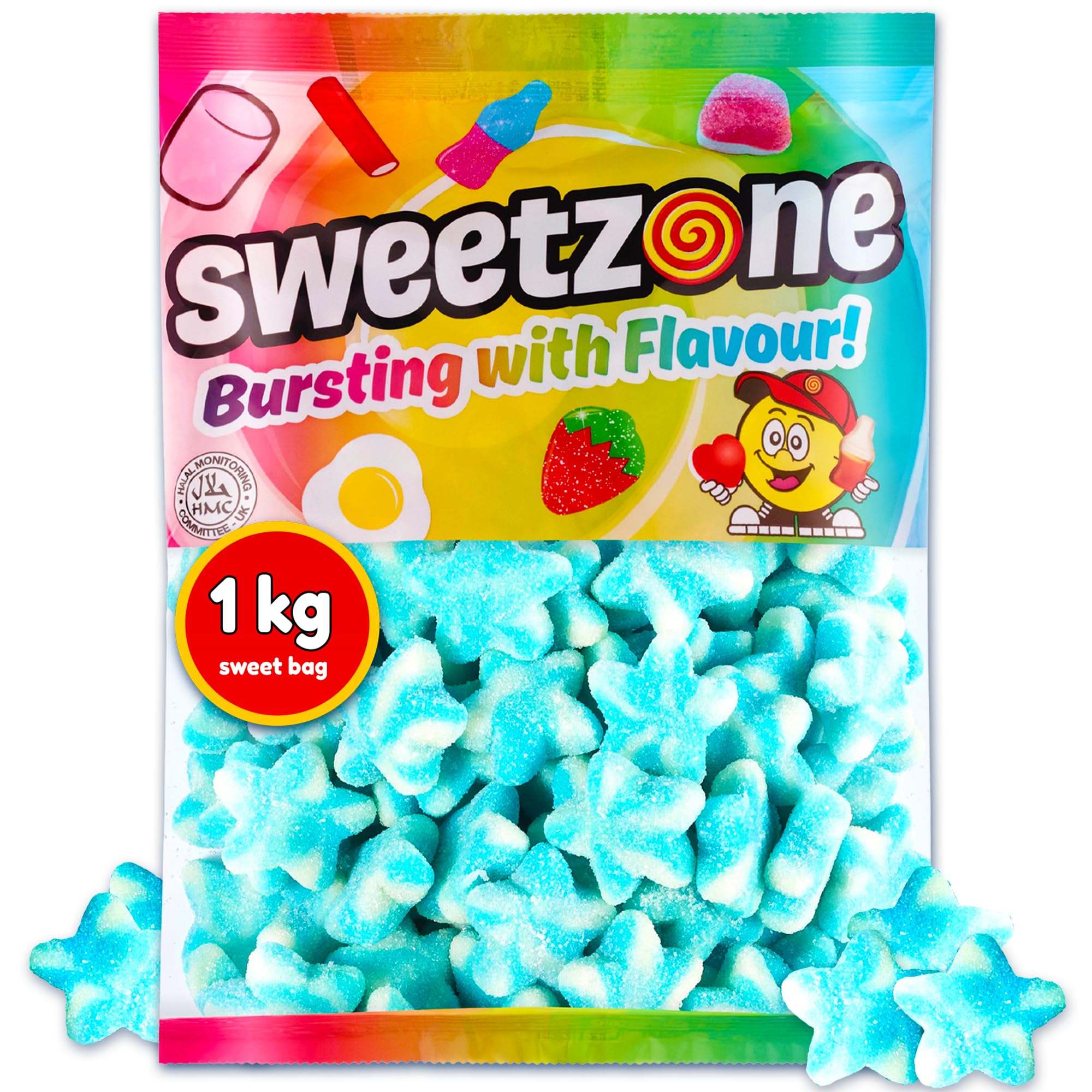Fizzy Blue & White Stars 1kg, Star Shaped Jelly Sweets Pick and Mix, Retro Sweet Hamper of Gummy Sweets, Chewy Candy, Bag of Candy, American Candies, Fruit Jellies, and Halal Sweeties Bulk