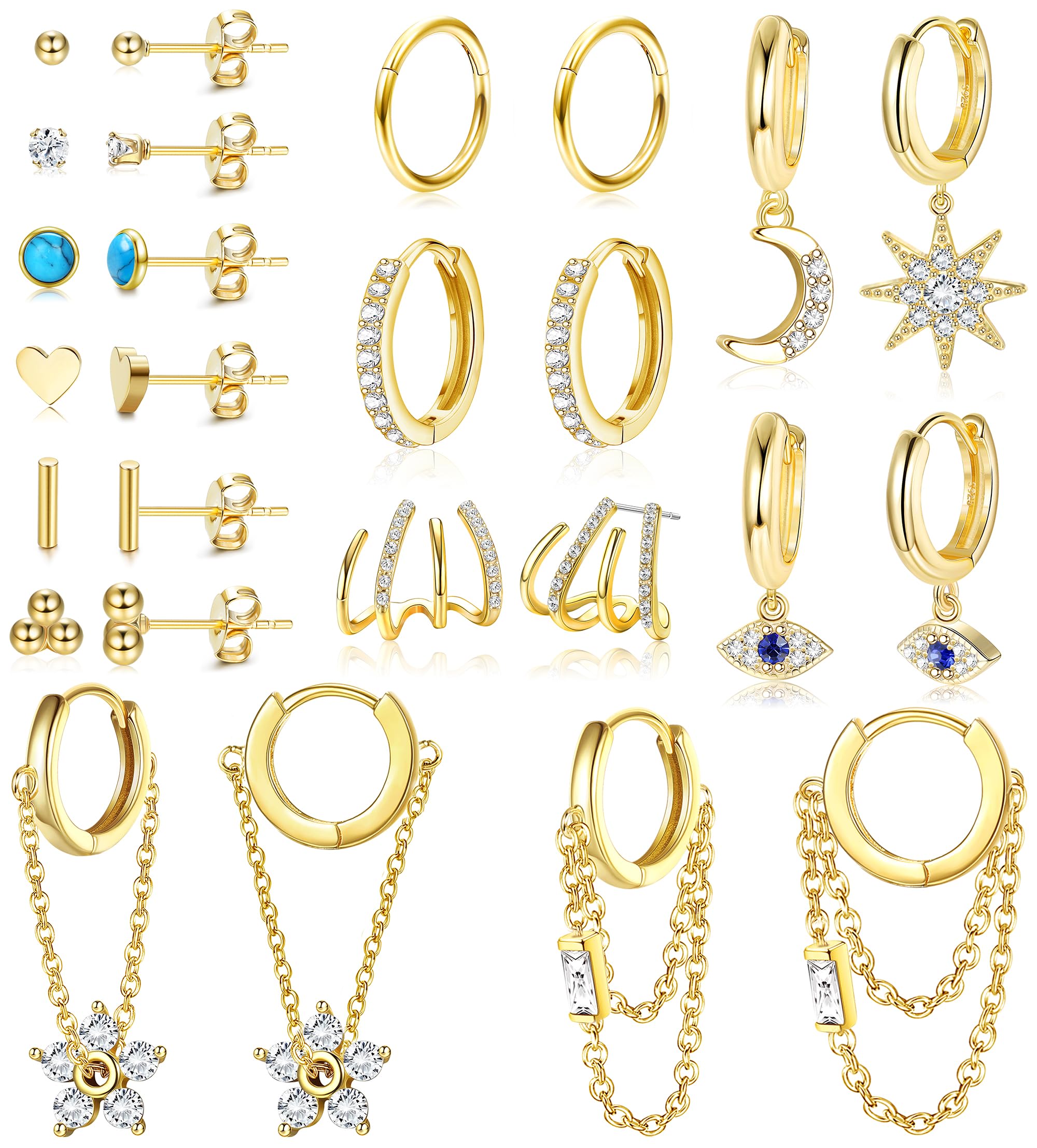 CASSIECA13 Pares Pendientes Oro Mujer Acero Inoxidable Huggie Pendientes de Aro Tachuelas Pendientes Cartílago Circonita Cúbica CZ Estrella Lunar Pendiente Cadena Mini Aro Pequeño Juego de Tachuelas