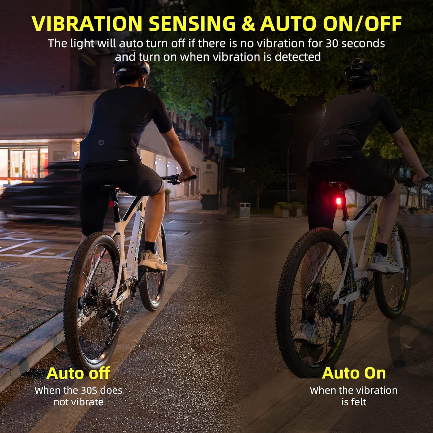 Two cyclists, one with the tail light off due to no vibration, and another with the light on due to vibration, illustrating the auto on/off feature.
