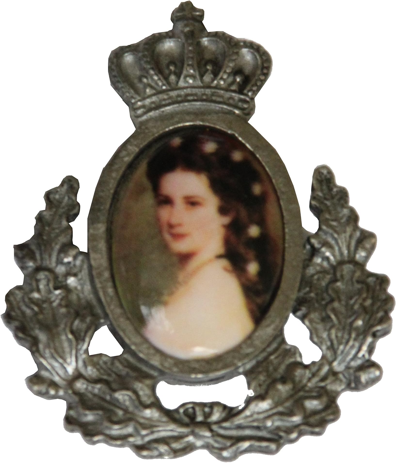 Breiterhat pin, hat emblem, hat ornament, badge: Sissi, Empress Elisabeth, with Wreath of Honour
