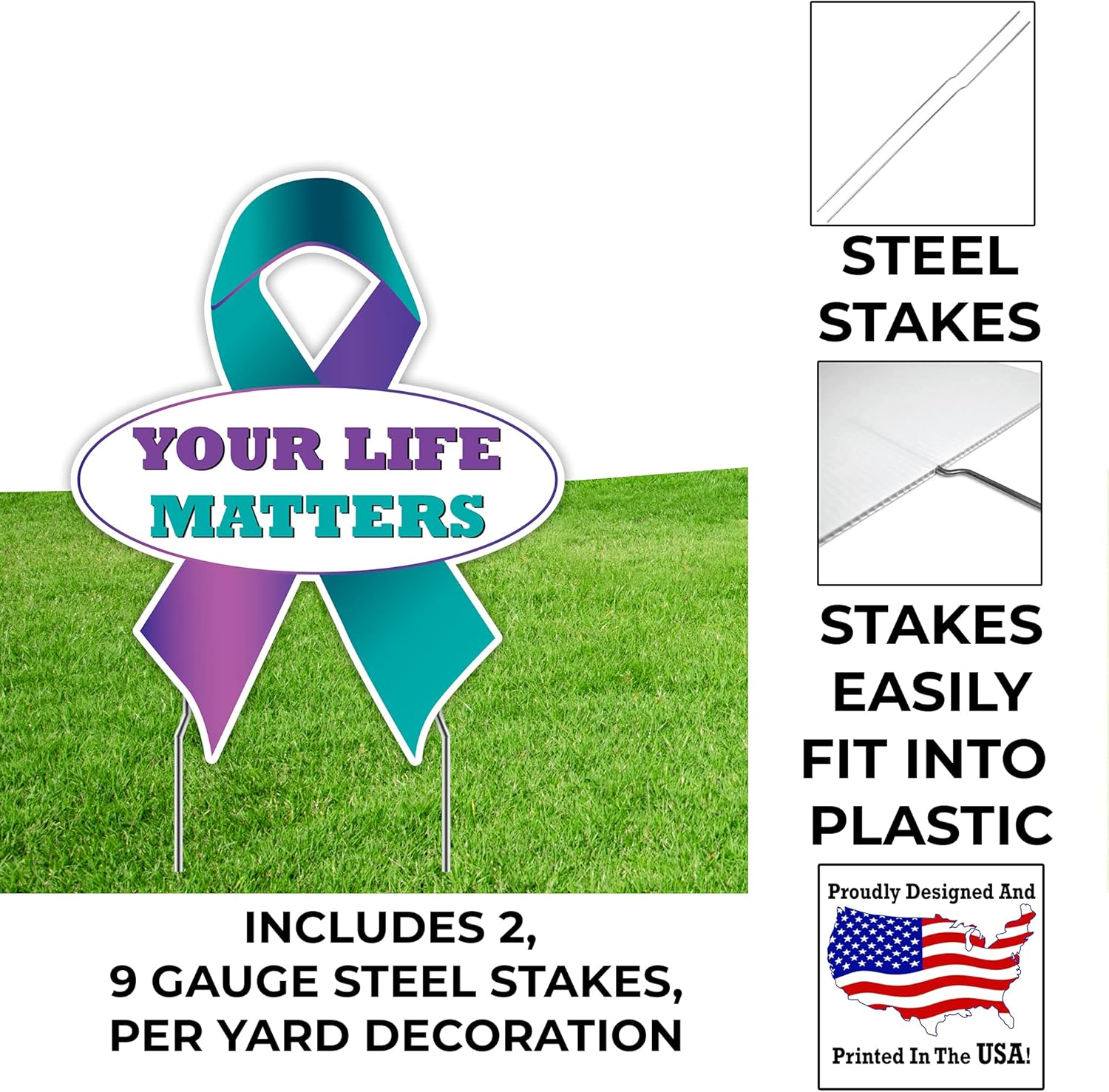 VictoryStore Suicide Prevention Awareness Yard Sign – "Your Life Matters" Purple & Teal Ribbon Lawn Sign with Stakes – Waterproof Outdoor Support Sign (1)