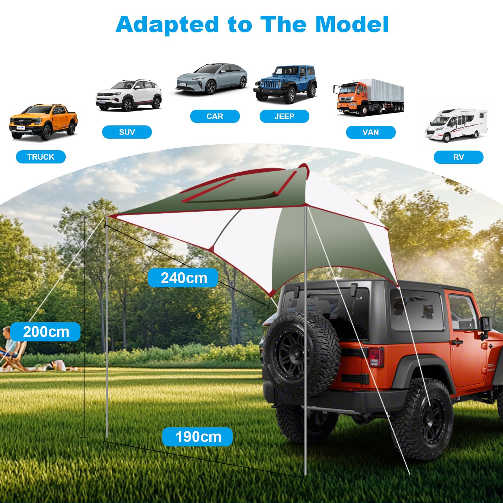 Tente de Voiture Arrière Extérieure - Auvent Caravane/Fourgon Imperméable & Anti-UV Polyester, Léger Portable pour Camping, Pêche, Famille (2.4x1.9m) avec Fenêtre Aérée et Montage Rapide