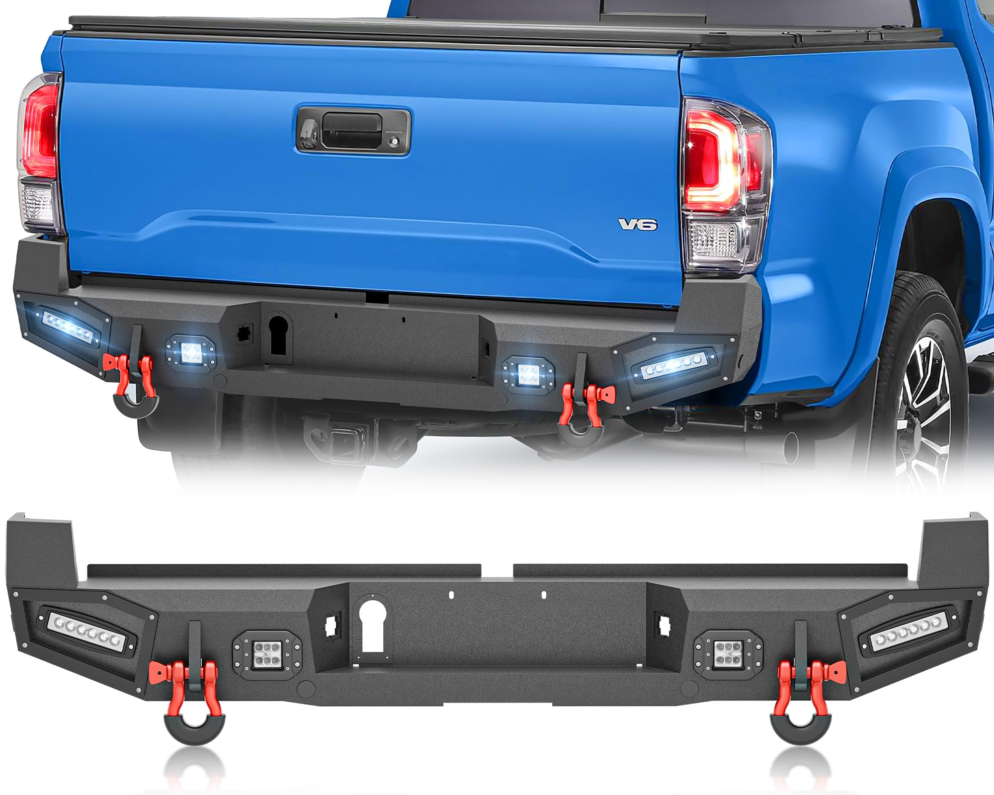 for Tacoma Full Width Pickup Truck Rear Bumper Compatible with 2016 2017 2018 2019 2020 2021 2022 2023 Toyota Tacoma 3rd Gen with 4 x 18W LED Lights, Sensor Holes, Paintable Armor & D-rings