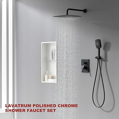 Miniatura 2 de Lavatrum Juego de grifo de ducha, cabezal de ducha de 12 pulgadas con ducha de mano de 6 ajustes, válvula incluida (negro mate)