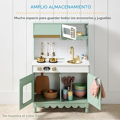 Miniatura 2 de Best Choice Products Juguete de madera para niños con almacenamiento, borde festoneado, 5 accesorios, microondas, horno, pomos de clic, color crema