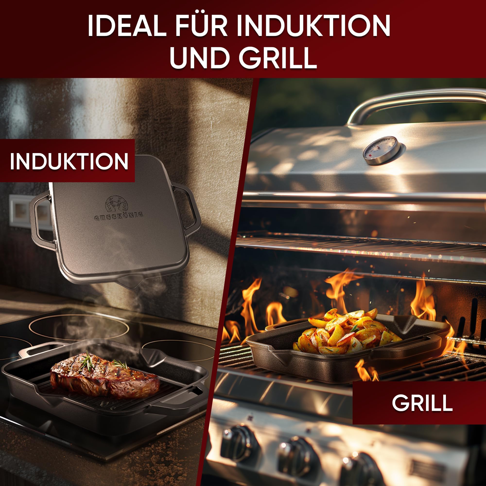 GUSSKÖNIG Gusseisenpfanne - 30cm Pfanne Gusseisen - Grillpfanne Gasgrill - Eingebrannte Gusseisen-Pfanne - Cast Iron Pan - Robuste Gusspfanne+Pflegepaste, Ringreiniger & Rezeptbuch - 30 Jahre Garantie