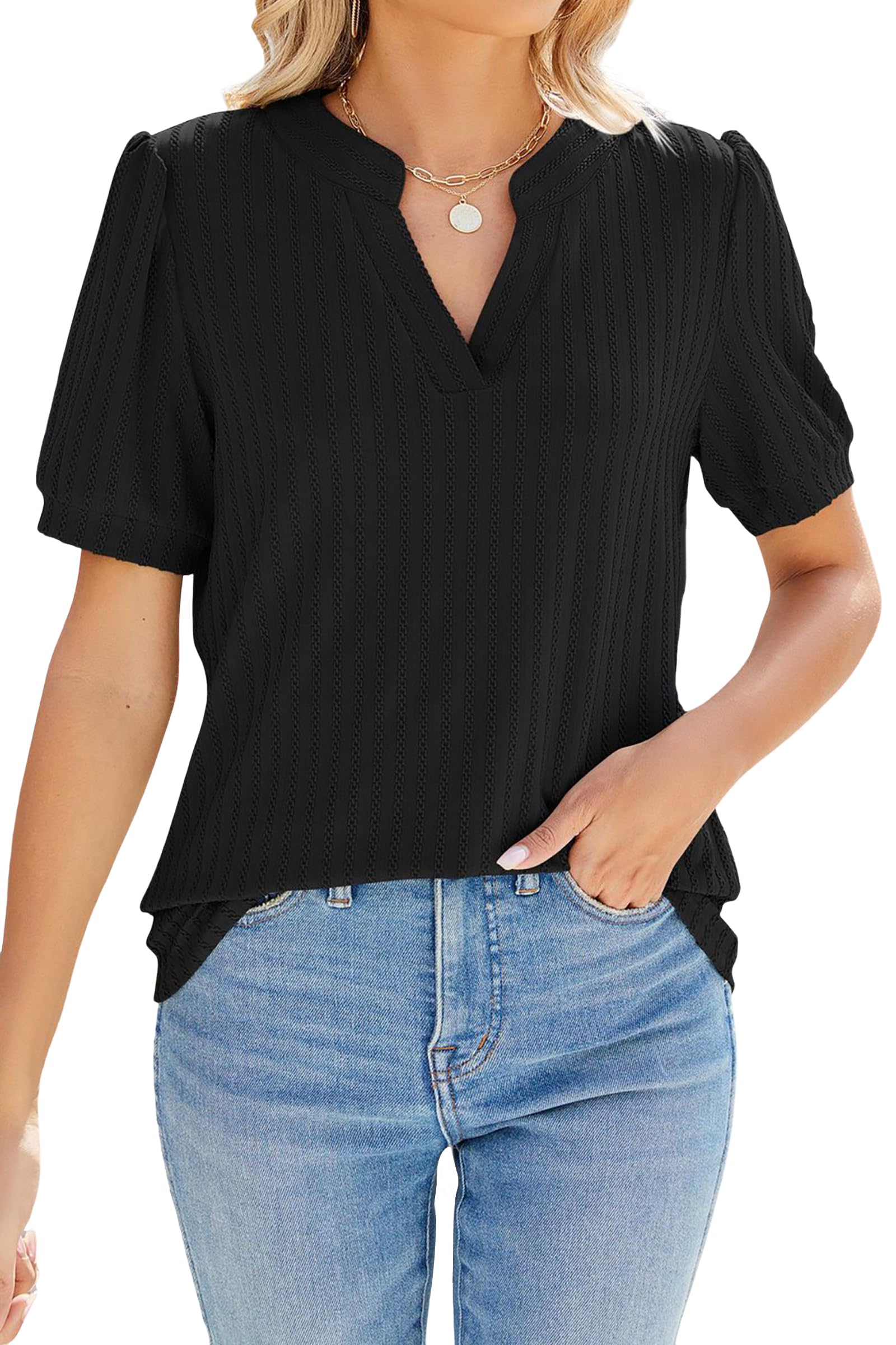 Atxnn Blusa Mujer con Cuello en V Camiseta Elegantes de Canalé Camisa Suave de Verano Tops de Manga Corta Puff