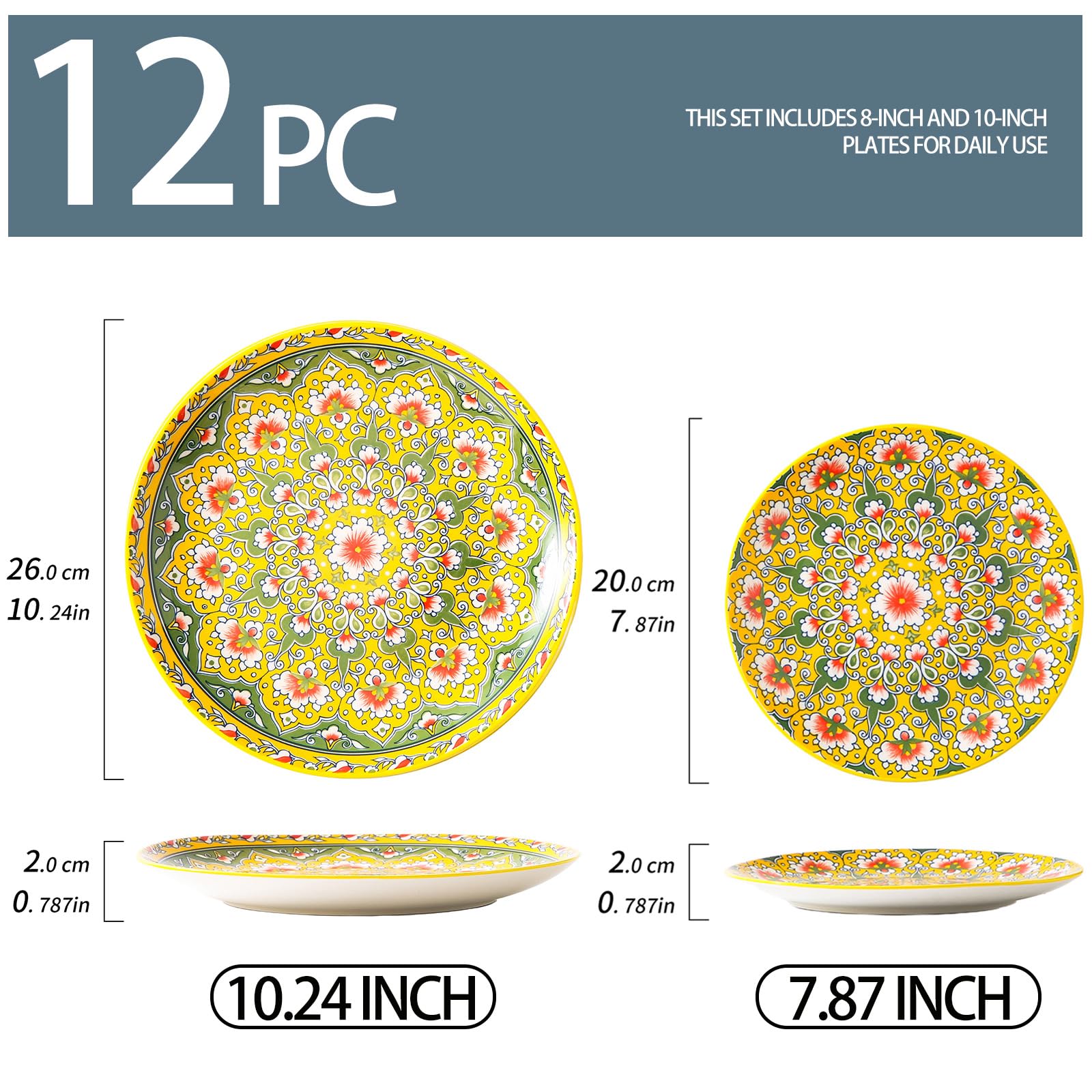 12-Piece Ceramic Plate Set, 10" & 8" Plates, Bohemian Style, for 6 People, Ideal for Gatherings & Festivals, Microwave & Dishwasher Safe, Scratch Resistant
