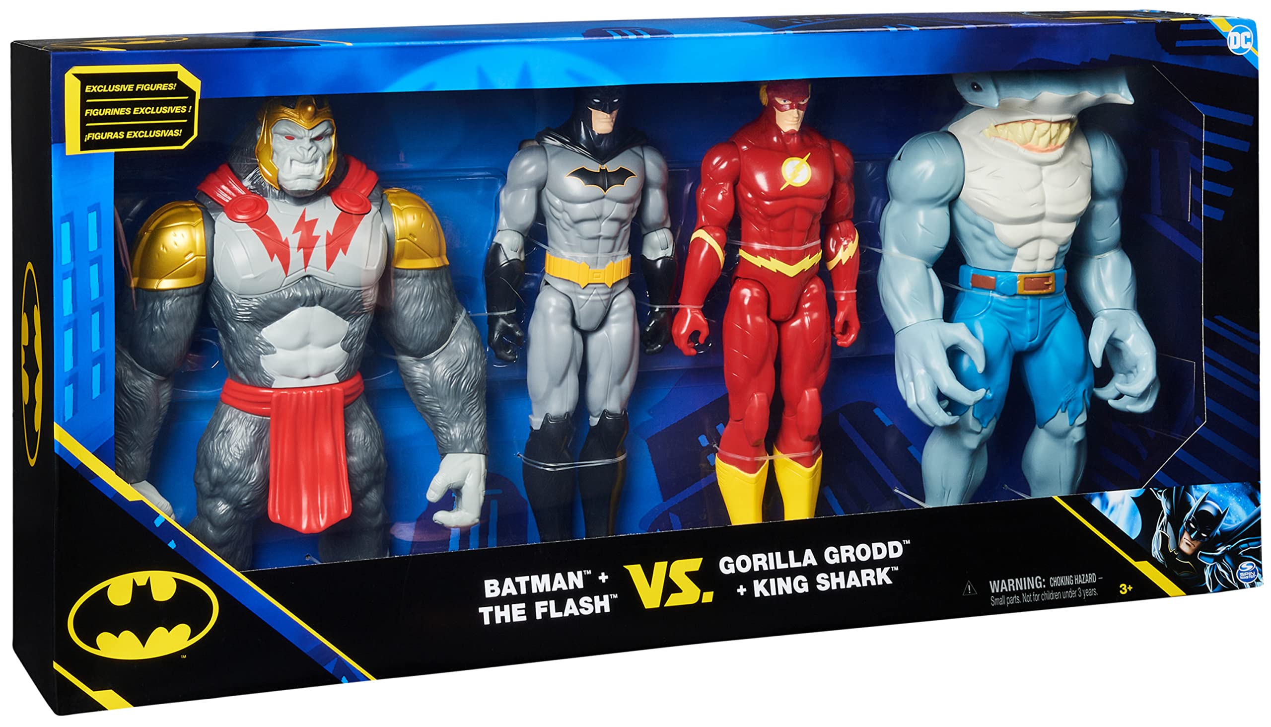DC Comics, Pack de 4 Figuras Batman vs. Gorilla Grodd, Figuras de acción de 30 cm (Batman, The Flash, Gorilla Grodd, King Shark), Juguetes para niños y niñas a Partir de 3 años