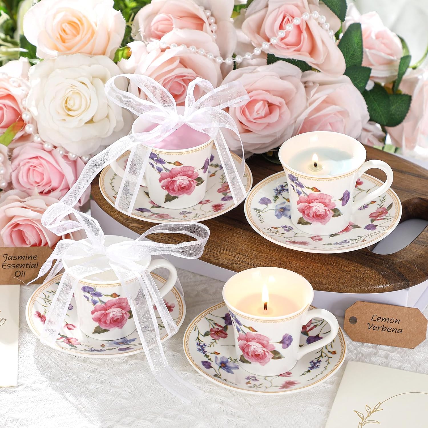 Nuanchu 4 Set Mini Vintage Tea Cup Candle Floral Cups with Saucer Tea Party Candles Gifts Oils Aromatherapy for Meditation Relief Mood Bridal Wedding Birthday Gift(Colorful)
