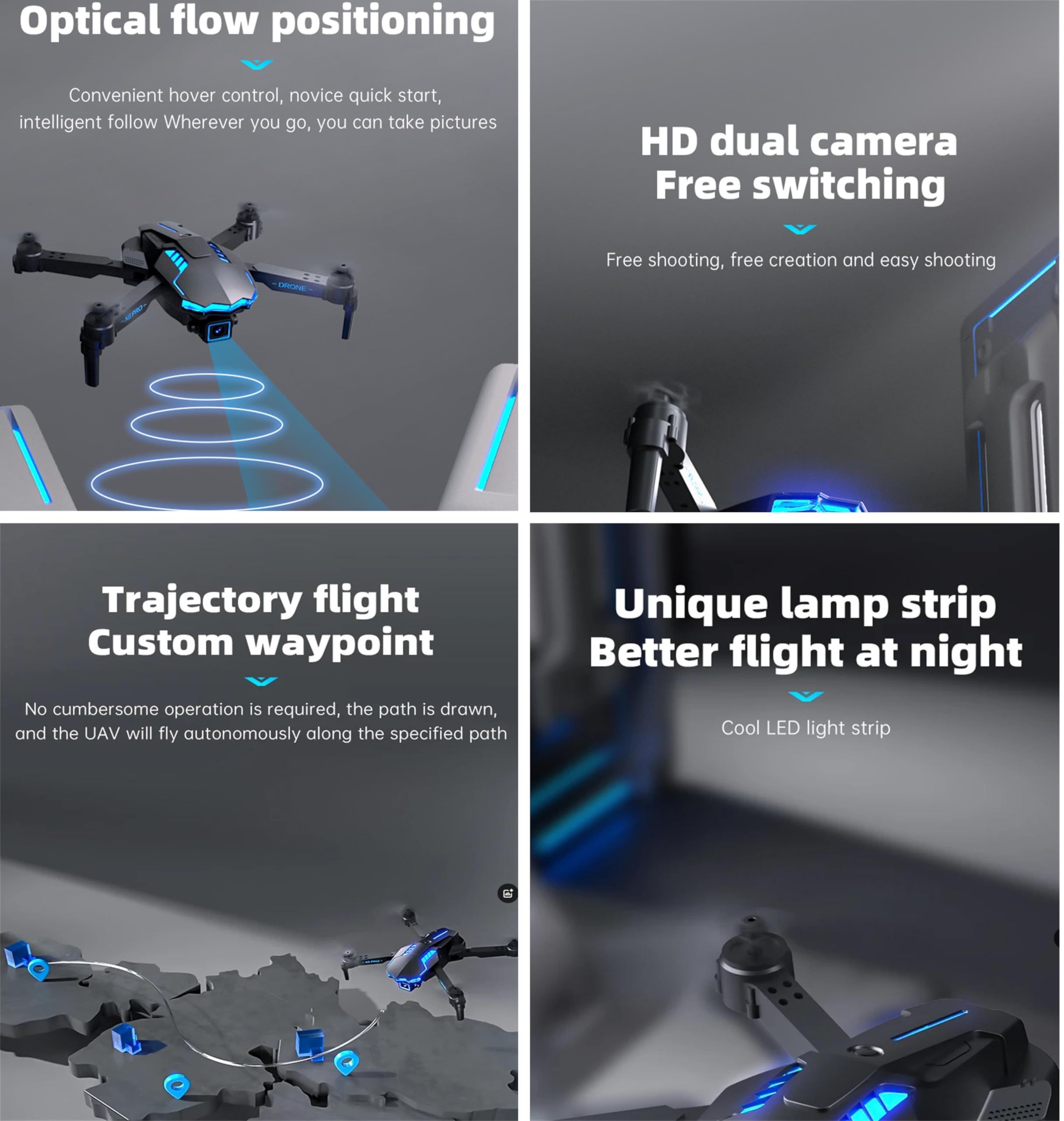 Drone X6 Fotografia Aerea ad Alta Definizione Posizionamento del Flusso Ottico Doppia Fotocamera 4k Evitamento degli Ostacoli su Tre Lati Altezza Fissa