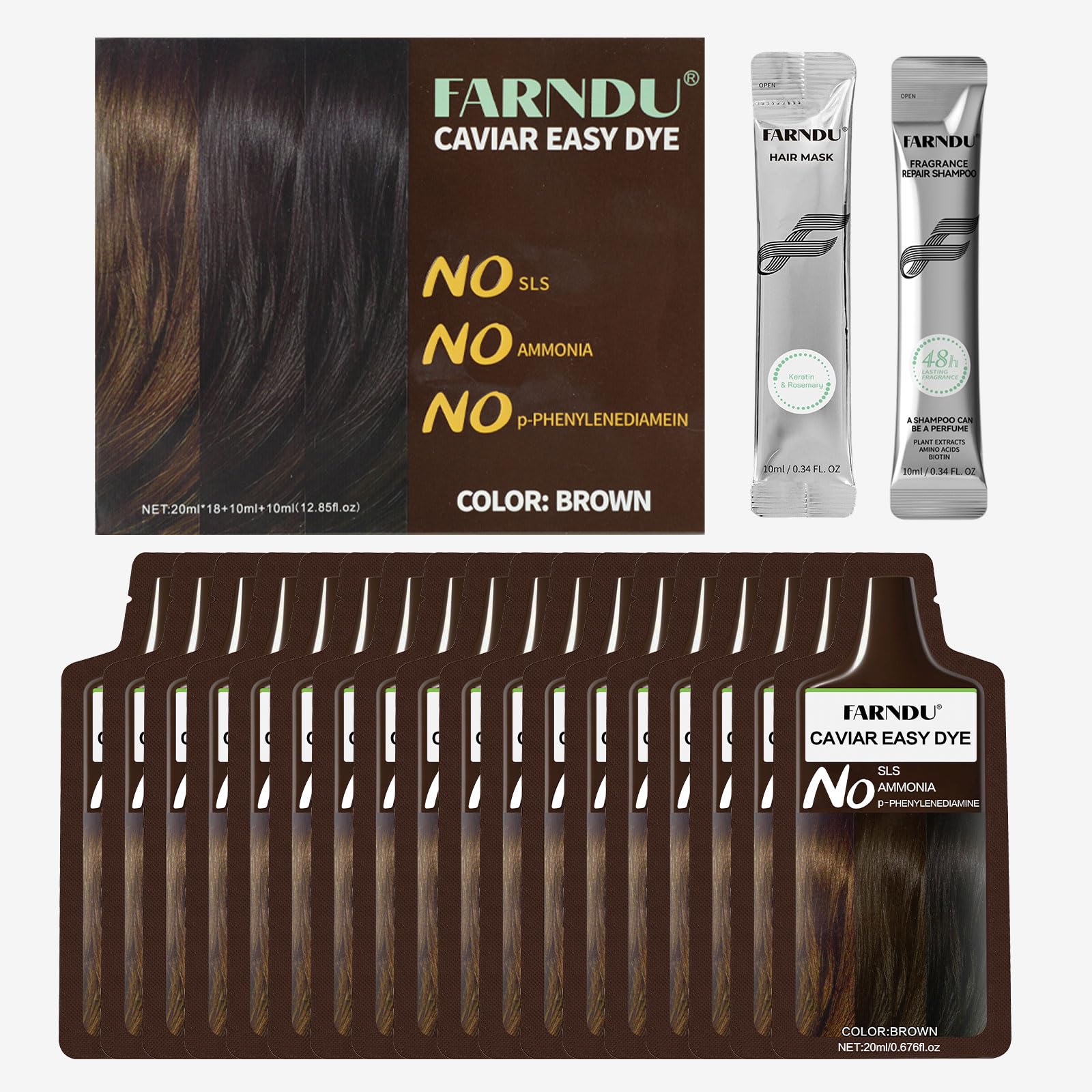 Brown Hair Dye Shampoo for Women Men 18 Pack, Ammonia-Free, PPD-Free, 100% Gray Hair Coverage Herbal 3 in 1 Hair Color Shampoo