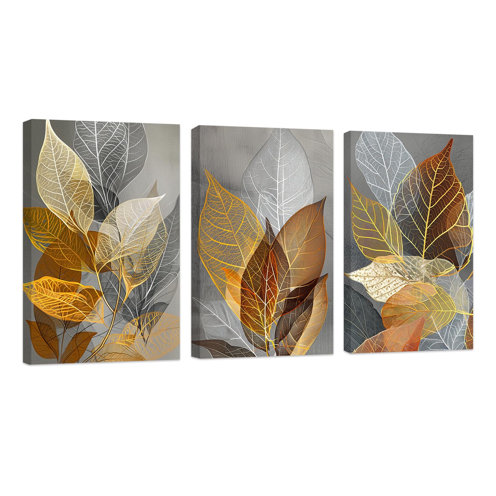 ZXHYWYM Abstract Leaves Wall Art 3 Pieces Black Gray And Gold Leaf Wall Decor Plants Pictures Canvas Prints Modern Living Room Home Bathroom Decor Framed (A, (50x70cmx3)) โ image 1