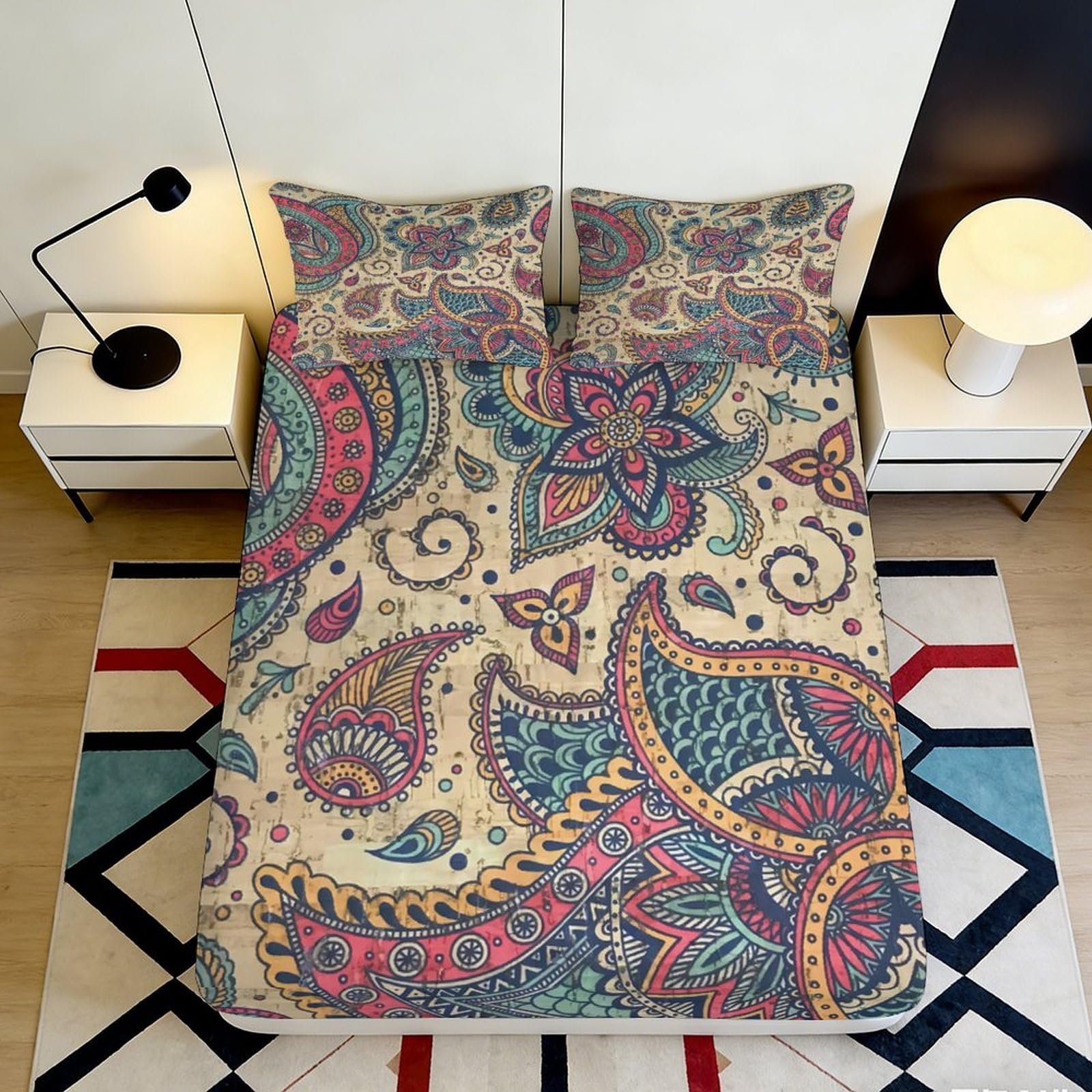 3D Printed Paisley Floral Fitted Sheet Microfiber Soft Colourful Boho Mandala Mattress Cover Bedroom Decor 90x200x25cm