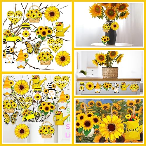 Miniatura 5 de Adorno de madera de gnomo de girasol, diseño de gnomo de flores amarillas, colgante de madera para árbol de verano con cuerda para suministros de