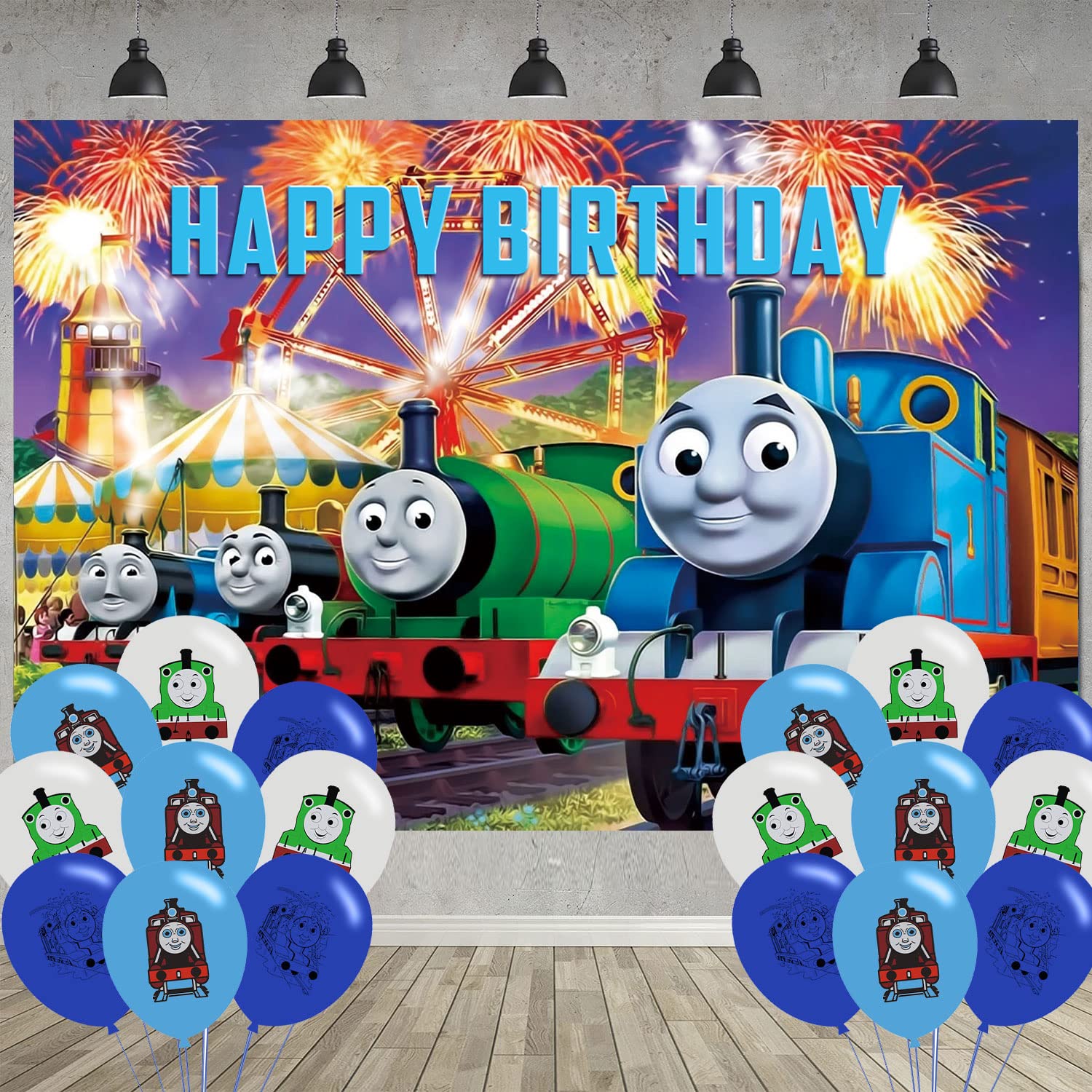 Thomas Friends Birthday Party Decoration,Thomas Friends Party Photo Background 5 x 3 FT and 18 Pcs Thomas Friends Balloon, Thomas Friends Merch Party Backdrop Supplies