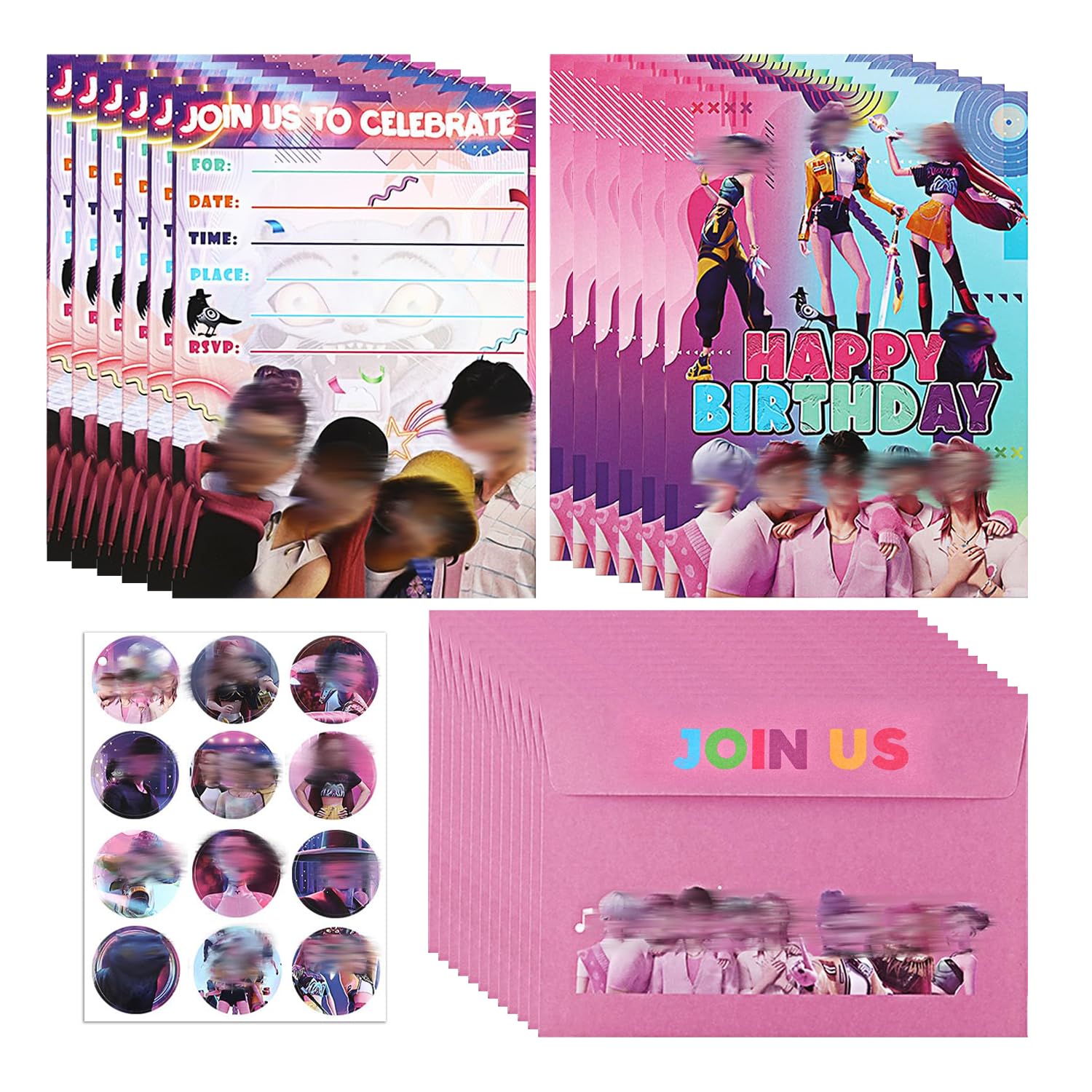 12PCS Party Invitations for Kids, Girls Birthday Invites with Envelopes and Stickers, Cartoon Movie Theme Double-Sided Cards