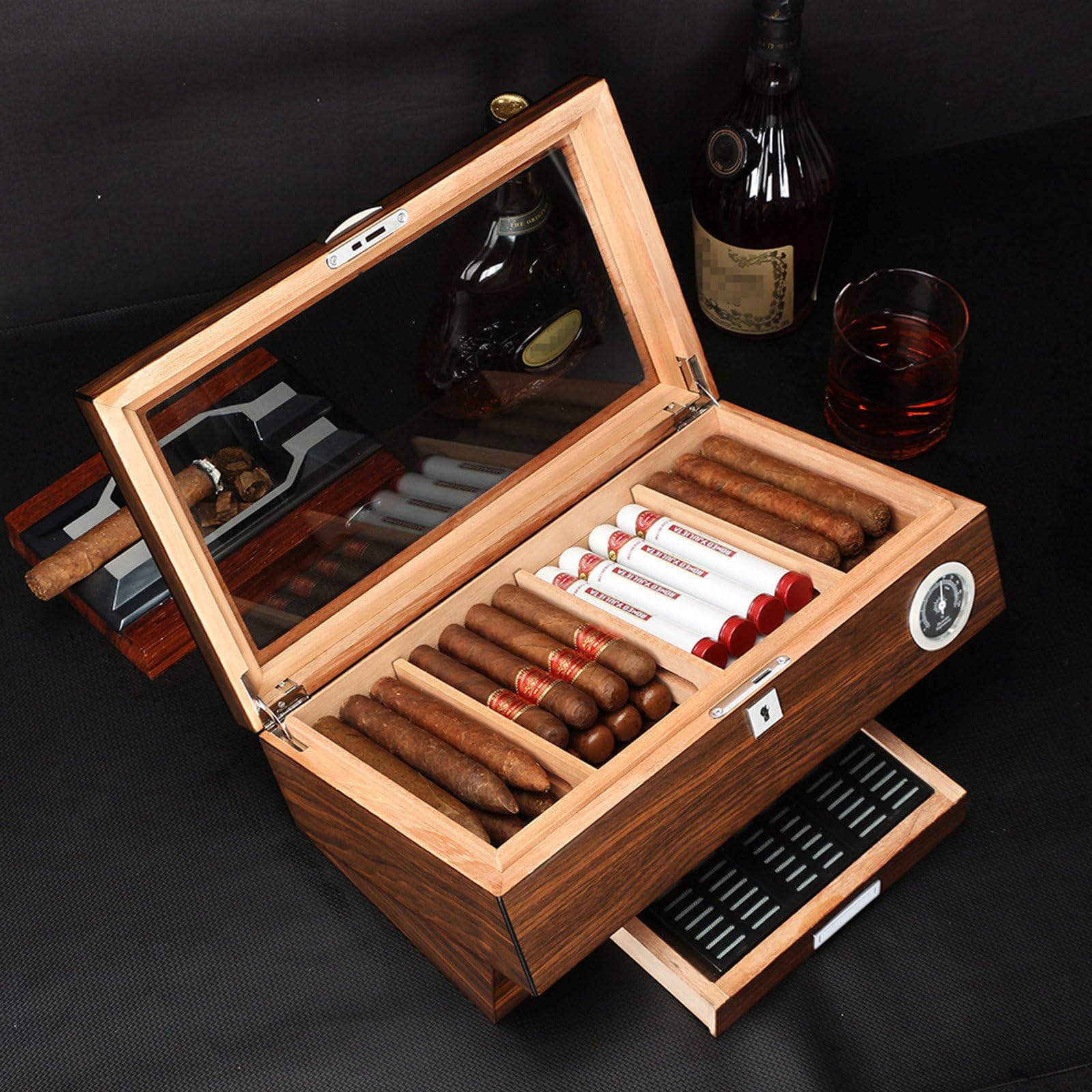 RIDAEX Log Holzmaserung Zigarren-Humidor, Glas-Display, transparentes Zigarettenetui, tragbar, mit Schlüsselschloss, 50 Stück Zigarrenetui