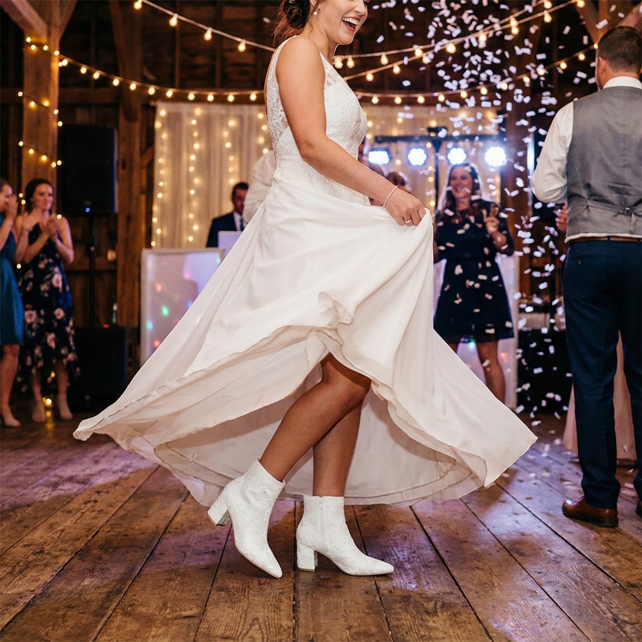 Botas De Novia De Encaje con Tacón Bloque para Mujer Botines De Tobillo Punta Puntiaguda Zapatos De Boda